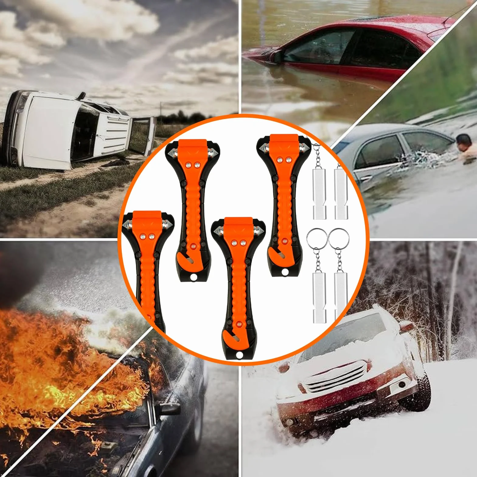 4 sztuki młotka awaryjnego do samochodu, z przecinakiem do pasów, 2 w 1, młotek bezpieczeństwa z 4 gwizdkami do samochodu, autobusu, samochodu osobowego, ciężarowego