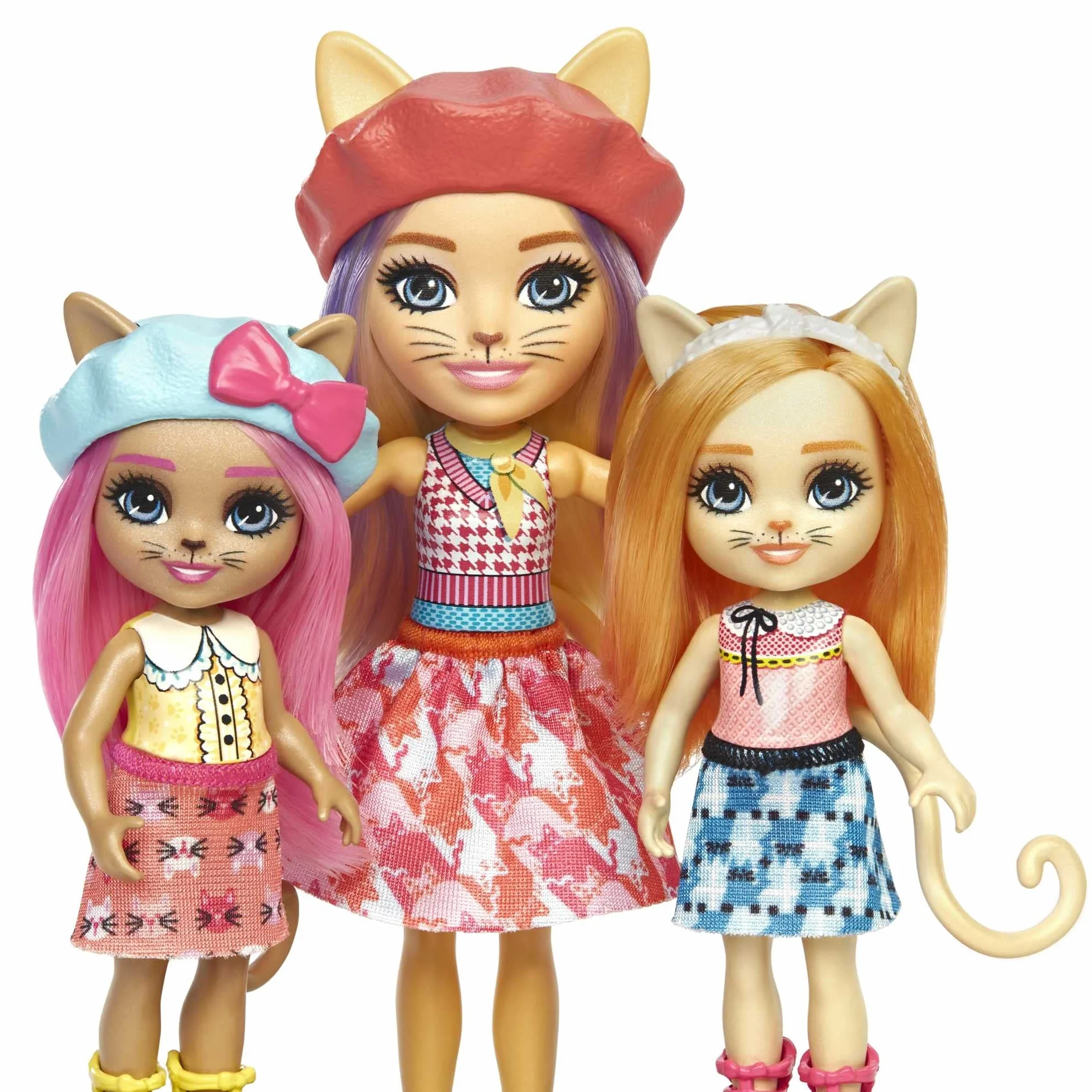 Enchantimals Carmel Cat Rodzinka kotków Zestaw do zabawy z 3 lalkami, 3 figurkami kotków, ponad 10 elementów, prezent dla dzieci od 4 roku życia, HHC11