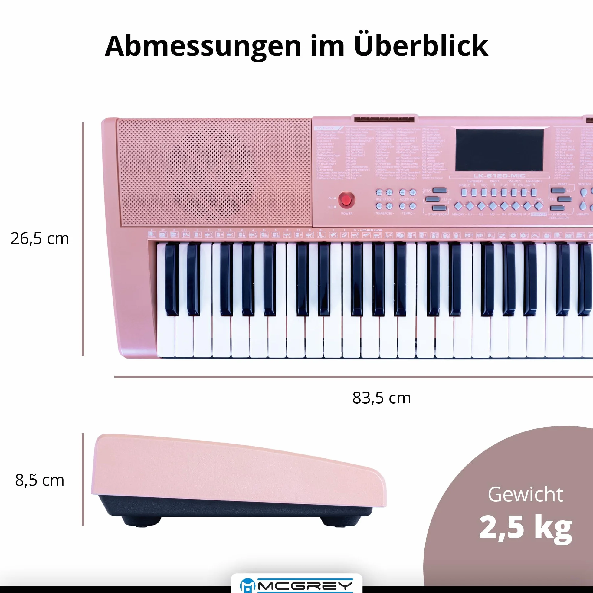 McGrey LK-6120-MIC Keyboard z mikrofonem i zestawem słuchawek dla dzieci – klawiatura dla początkujących z 61 przyciskami świecącymi – 255 dźwięków i 255 rytmów – 50 utworów demo – mikrofon i