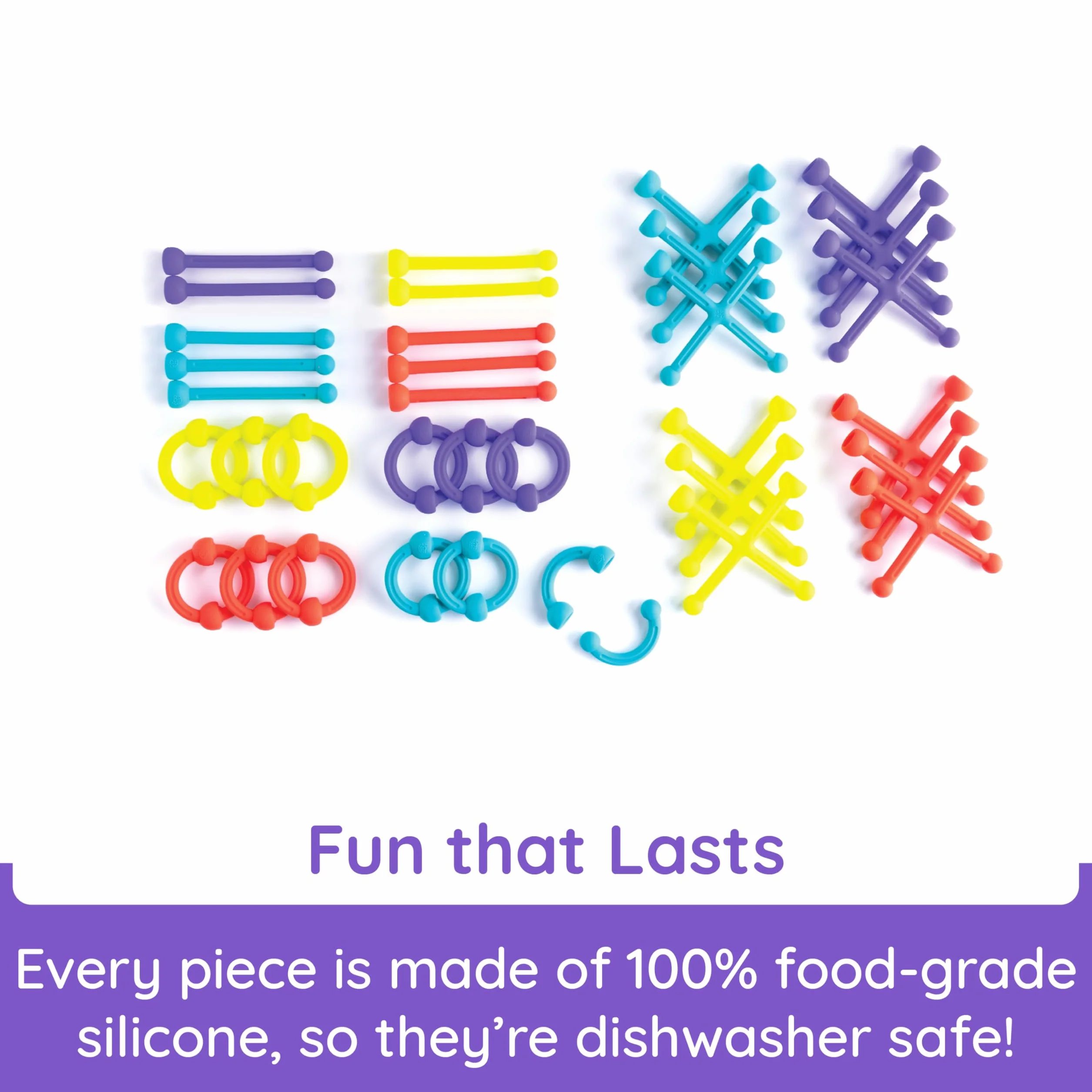 Fat Brain Toys Zestaw do klapy | 52-częściowy zestaw elastycznych silikonów w różnych kształtach, rozmiarach i kolorach | Zabawki sensoryczne dla dzieci | Kreatywne zabawki konstrukcyjne