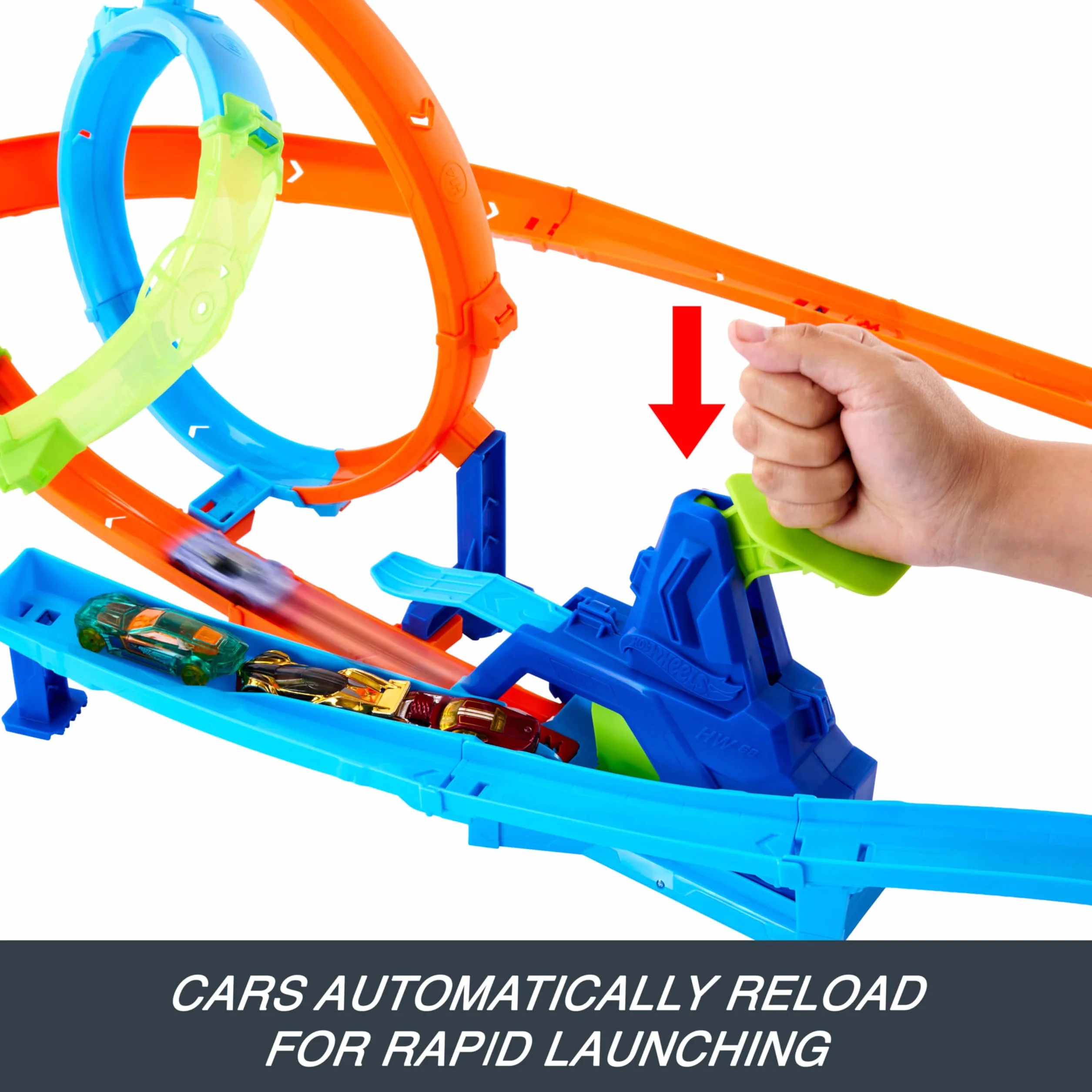 Hot Wheels Stunt Tracks Tor wyścigowy Rajdowy cyklon Zestaw i metalowy samochód zabawka w skali 1:64, podwójna pętla, strefa kraks, zabawka dla dzieci 4+, JHK73