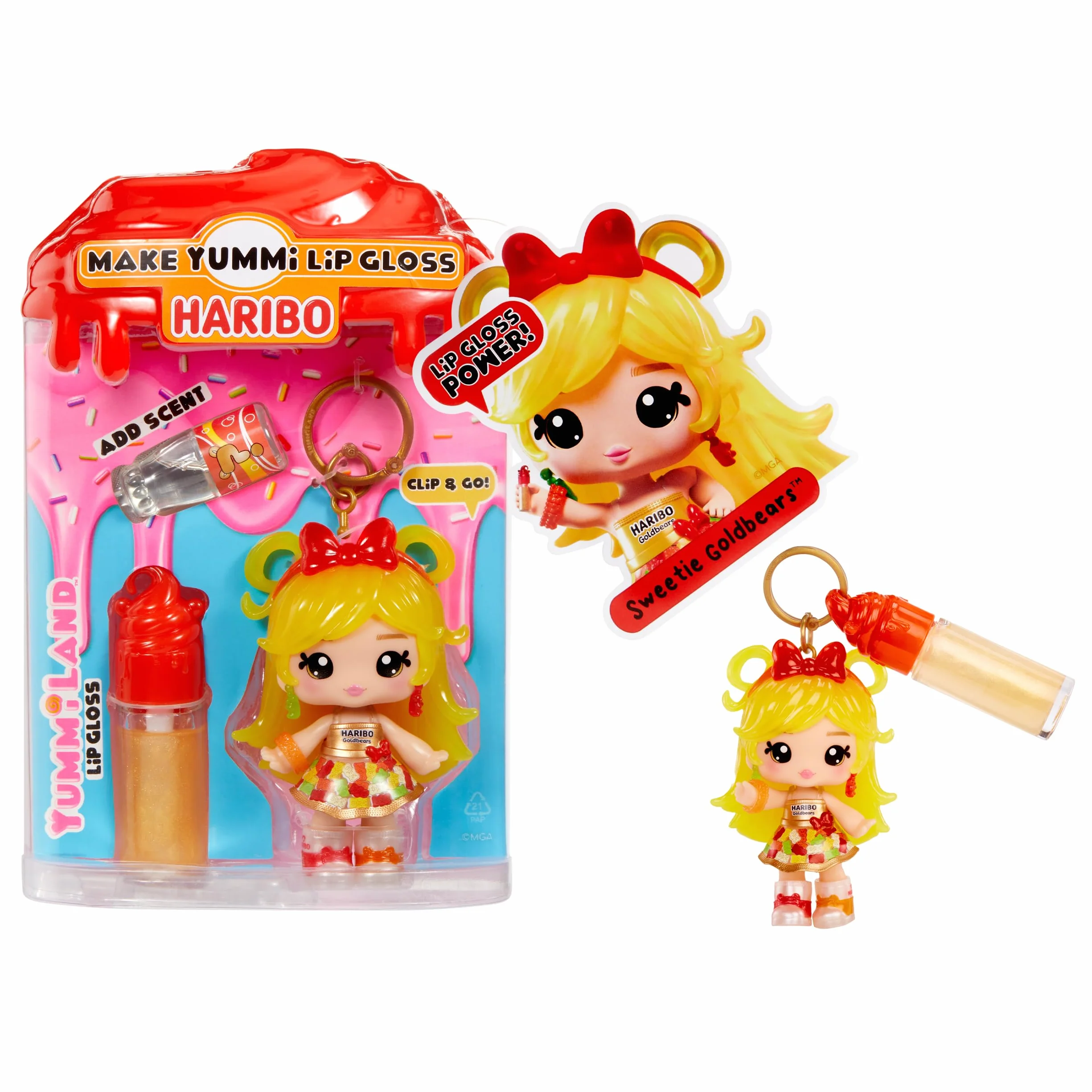 Yummiland x Licensed Sweets Lip Gloss Doll: Haribo Goldbears - Sweetie Goldbears – w Zestawie Lalka, Błyszczyk DIY i Breloczek! Zabawa z Makijażem i Kolekcjonerska Gratka dla Dzieci od 4. Roku Życia