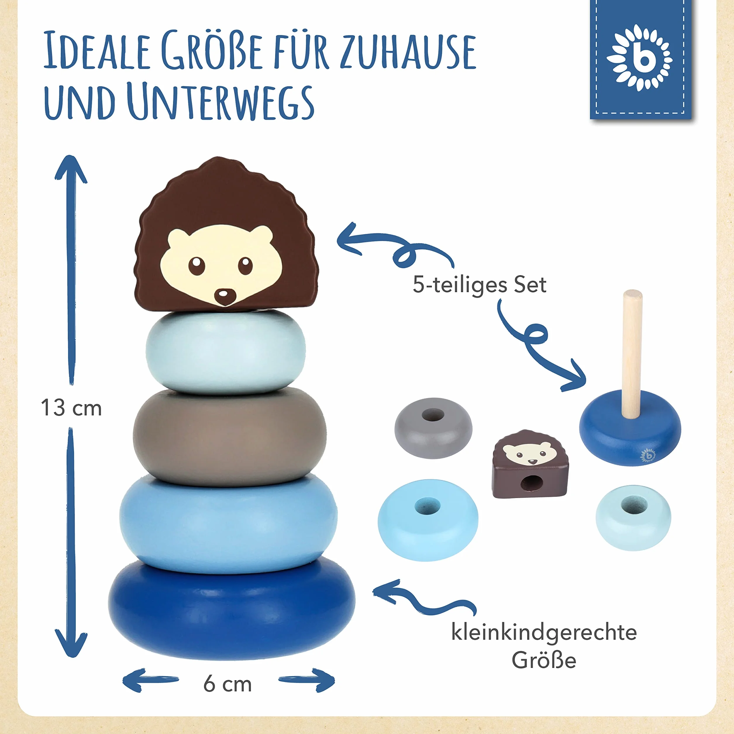 Bieco Wieża do układania w stos drewniany jeż | 13,5 cm, niebieski | wieża układana w stos od 1 roku życia | 5-częściowa piramida wtykowa | nowoczesna gra w stos | kolorowy pierścień piramida | wieża