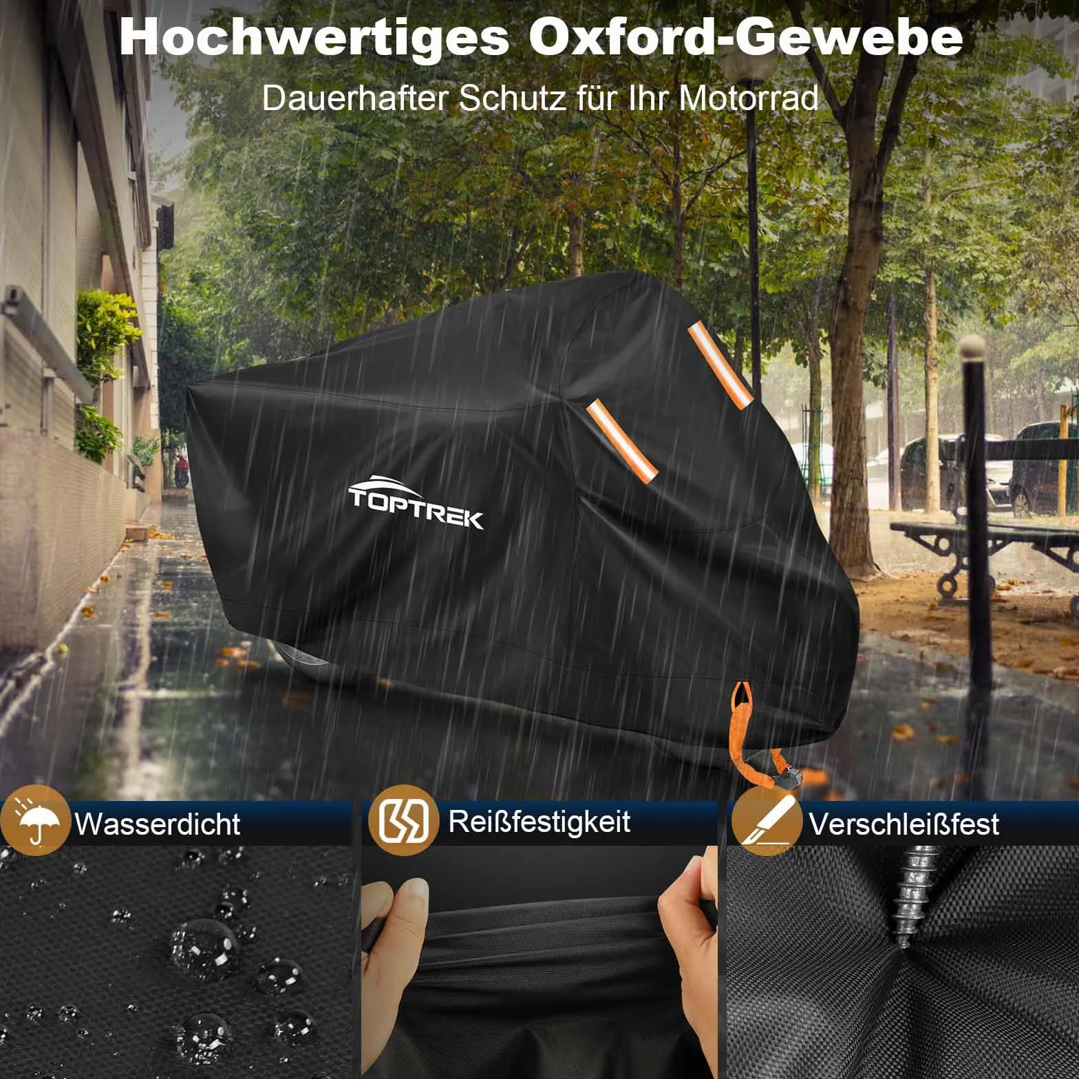 toptrek Pokrowiec na motocykl z taśmą ze szwem, plandeka na motocykl 210D Oxford, wodoszczelna, oddychająca, do użytku na zewnątrz, czarna (265 x 105 x 125 cm)