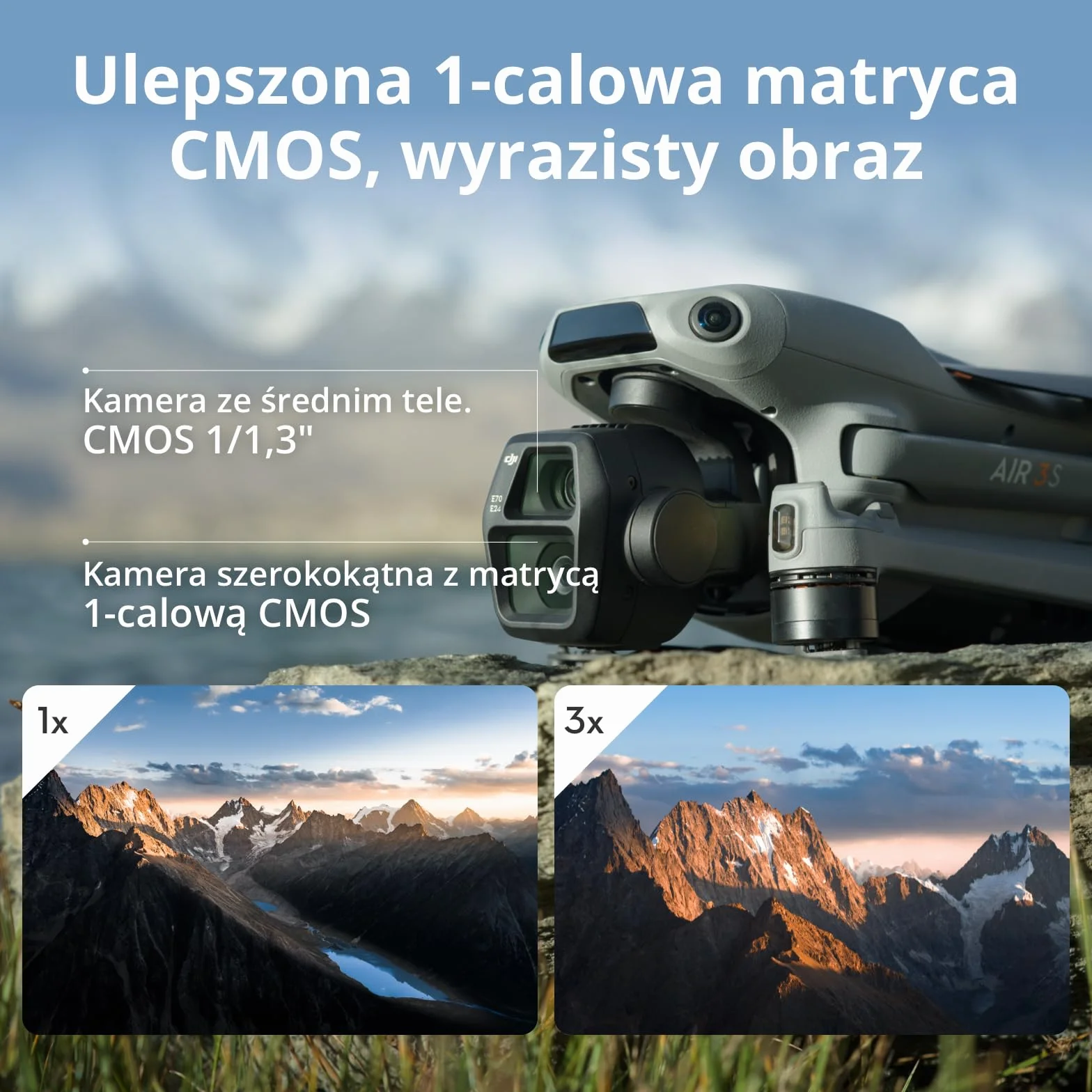 DJI Air 3S (RC-N3), dron z kamerą 4K, dron z dwoma kamerami, z szerokokątna 1-calową CMOS, wideo 4K/60 kl./s HDR z 14 st. rozpiętości tonalnej, 45 min maksymalnego czasu lotu, zasięg transmisji 20 km