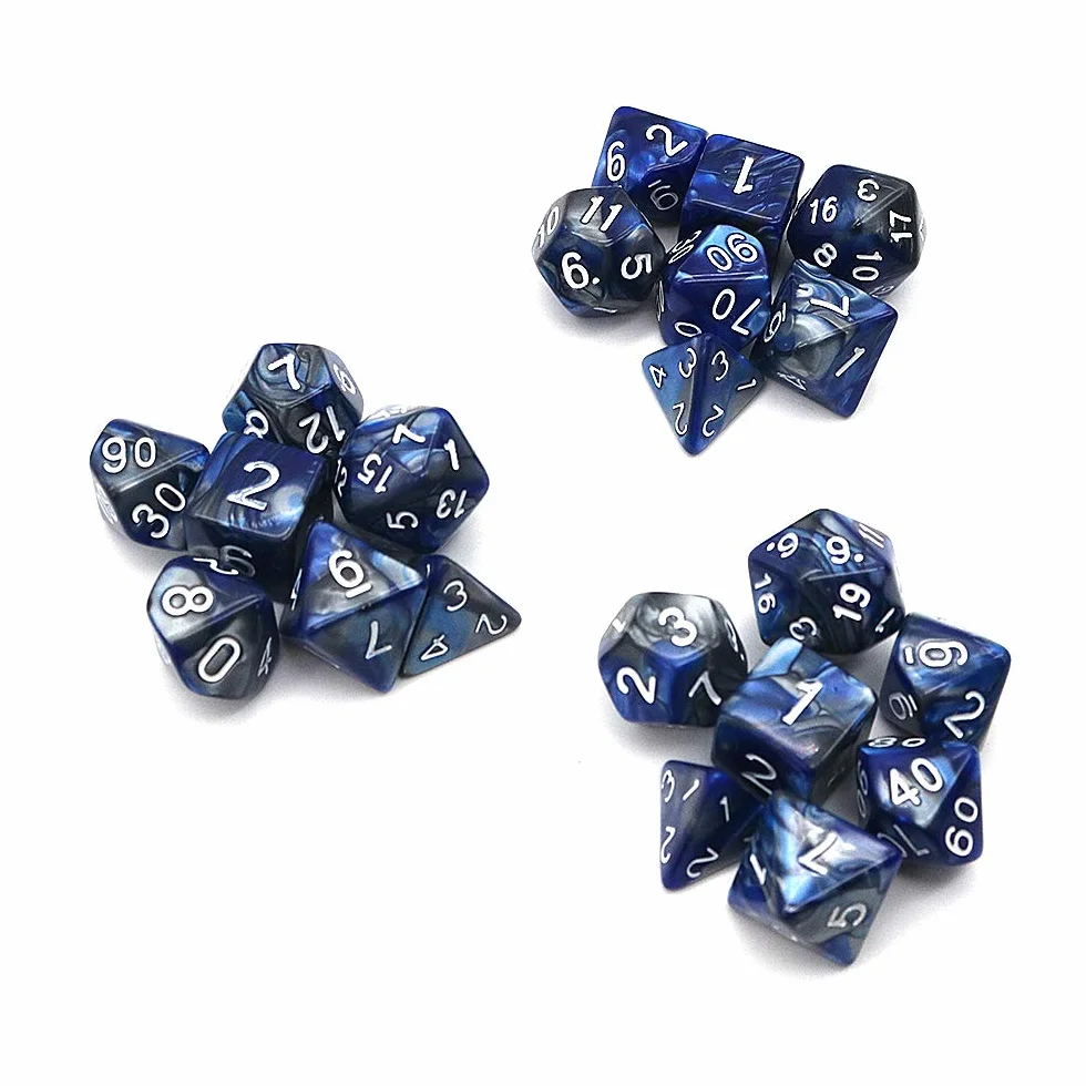 DollaTek Zestaw ko?ci wielo?ciennych, gry sto?owe, 3 zestawy ko?ci 3 x 7 (21 sztuk), seria matryc, D20, D12, D10, D8, D6, D4, DND, DND, RPG, MTG, podwójne kolory, jednocz??ciowe (niebieskie i srebrne)
