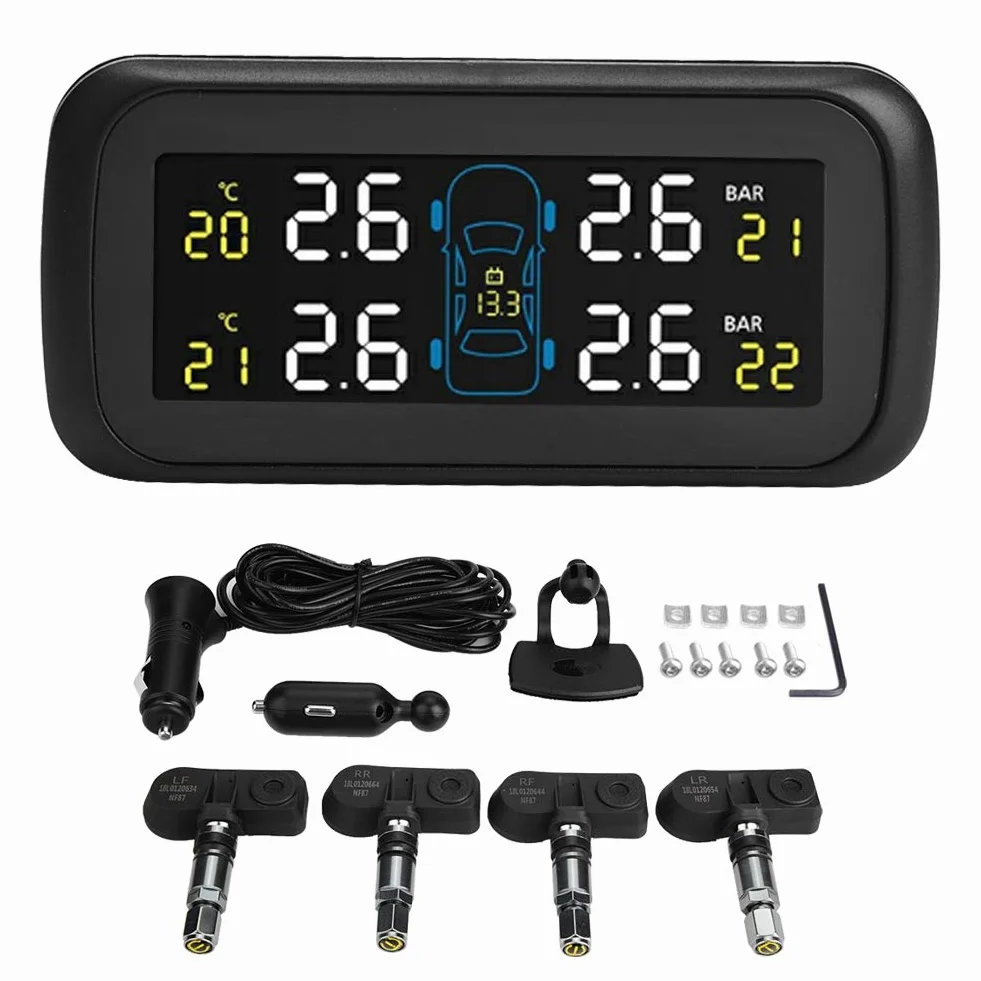 System monitorowania ciśnienia w oponach, samochodowy czujnik ciśnienia w oponach TPMS z monitorem LCD, 4 czujniki wewnętrzne, ładowarka USB do zapalniczki