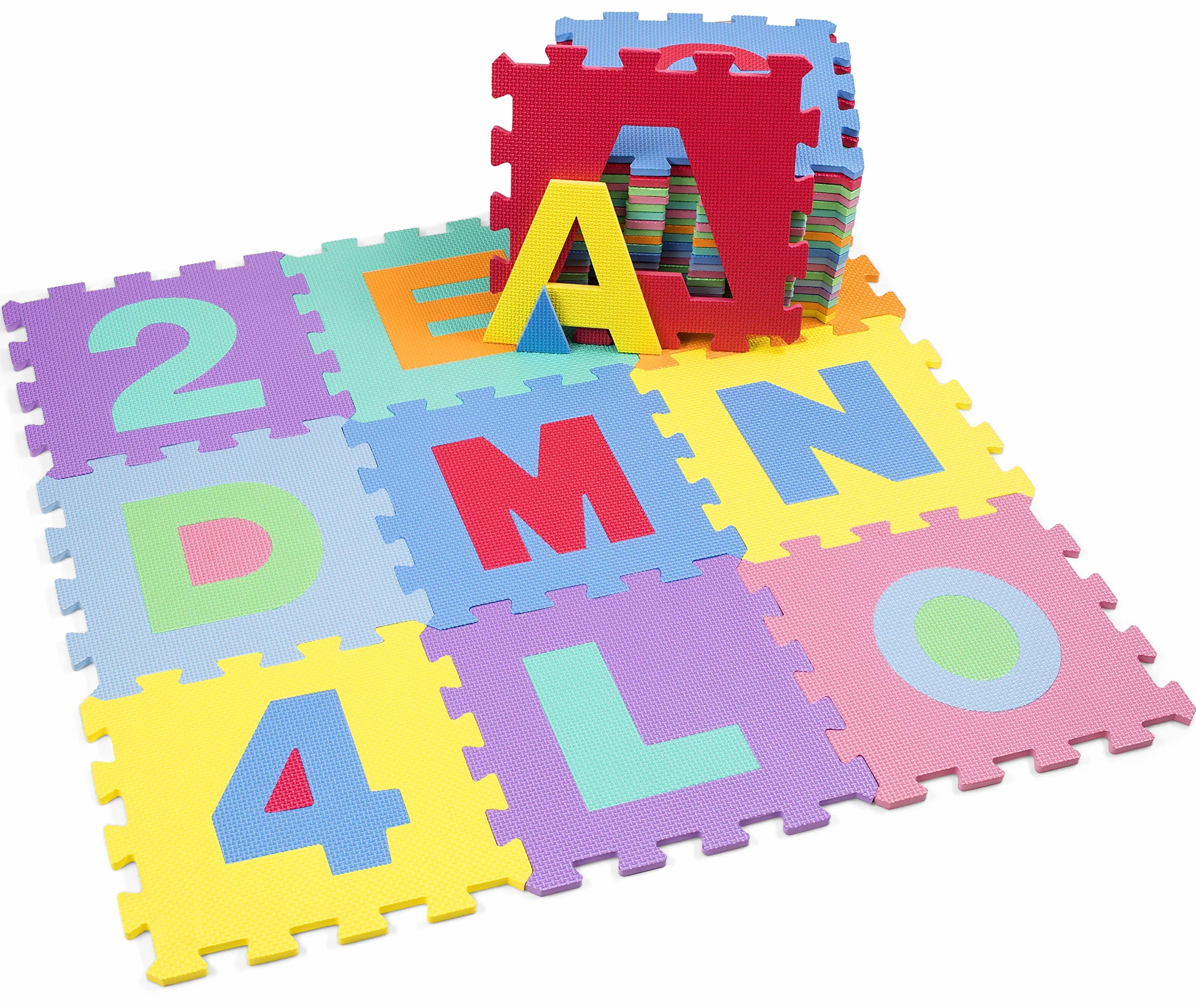 KIDUKU Mata z piankowych puzzli o wymiarach 189 x 189 cm, zestaw 86 szt. puzzli, bezpieczna mata do układania dla niemowląt i małych dzieci, z cyframi i literkami.
