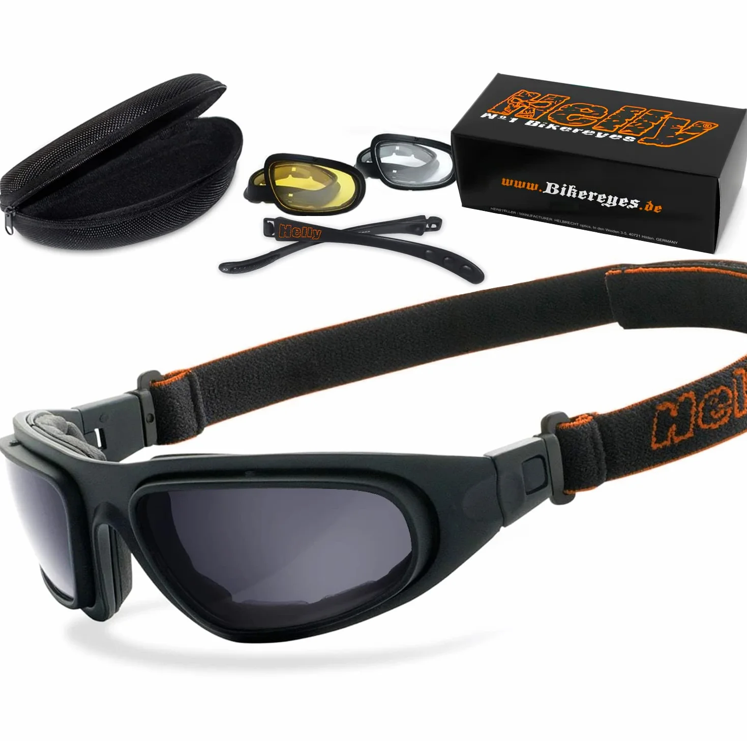 Helly® – No.1 Bikereyes® okulary motocyklowe, wielofunkcyjne okulary motocyklowe, odporne na zaparowanie, wiatroszczelne, szkło hartowane HLT®, DIN EN 166, zauszniki, wymienny pasek, orzeł