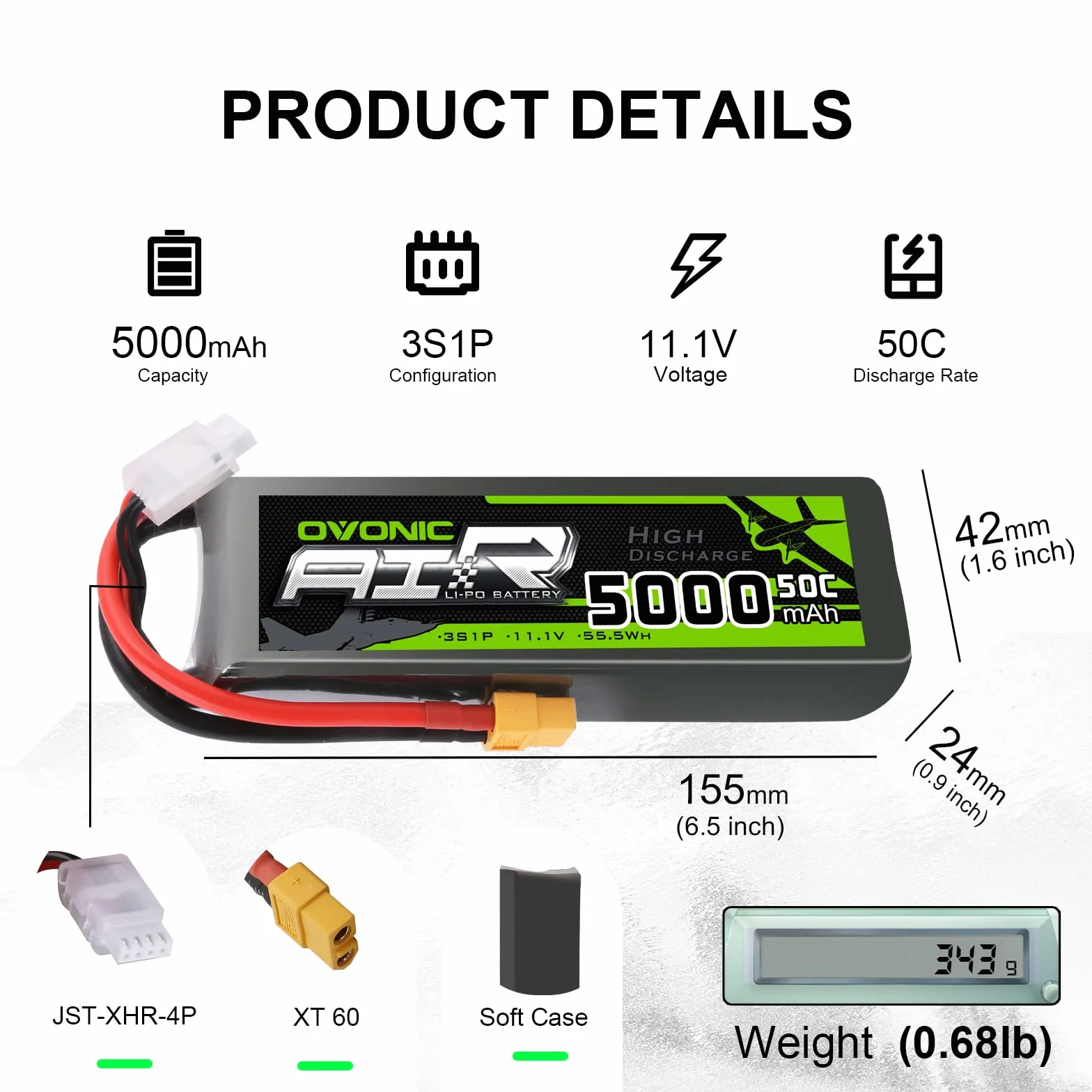 OVONIC 3S Lipo akumulator 50C 5000 mAh 11,1 V LiPo RC z wtyczką XT60 do samochodów RC, łodzi, ciężarówek, heli, samolotów, quadkopterów, helikopterów, helikopterów, helikopterów, multisilników, hobby,