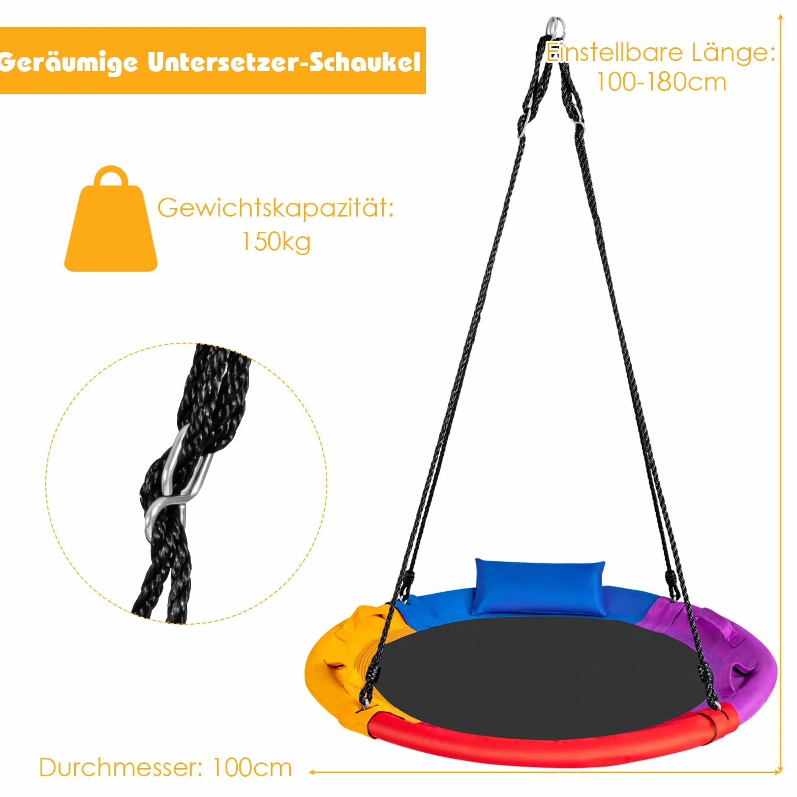 COSTWAY Huśtawka gniazdowa z poduszkami i uchwytami, huśtawka dziecięca z linką o regulowanej wysokości 100-180 cm, obciążenie do 150 kg, dla dzieci i dorosłych, do użytku wewnątrz i na zewnątrz