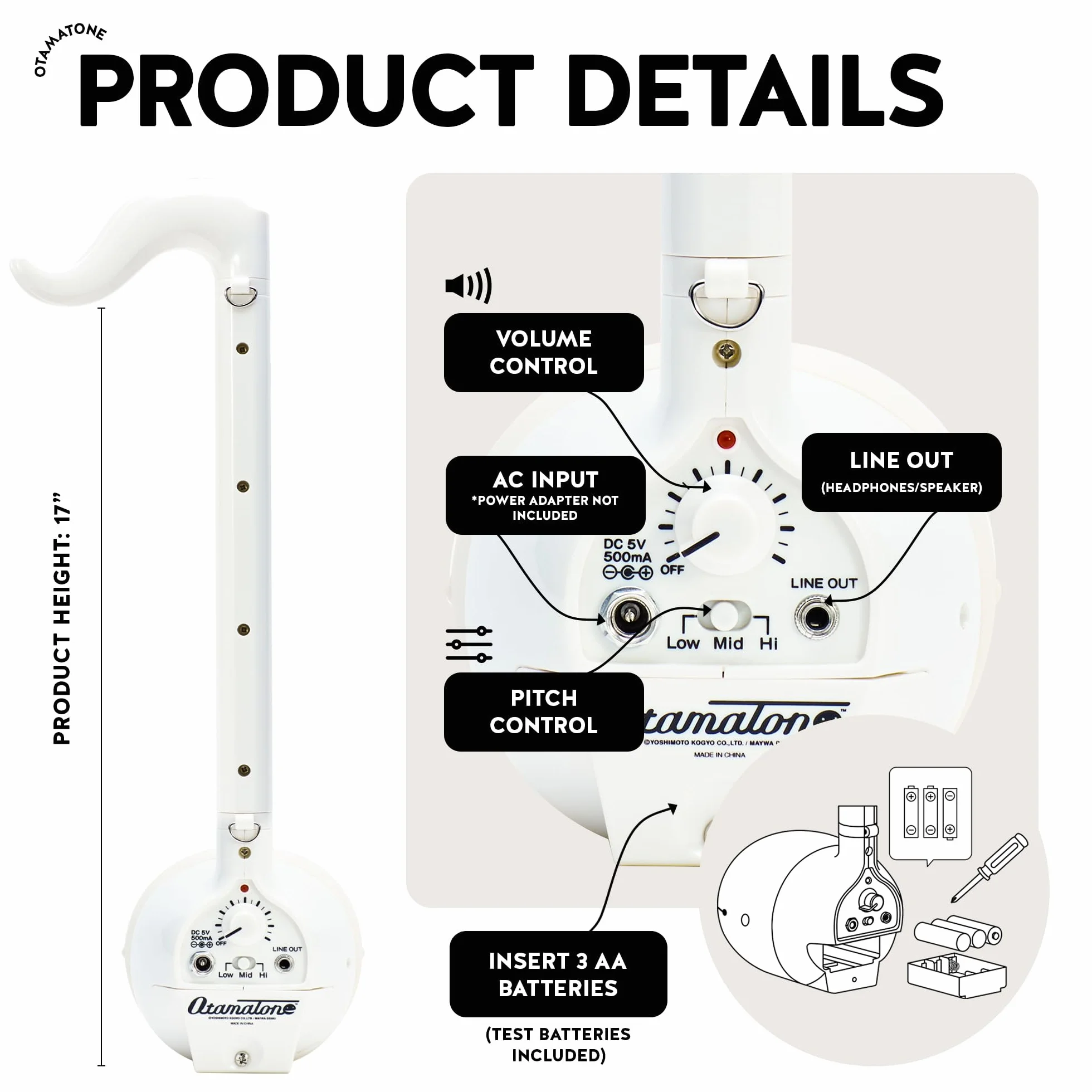 Otamatone Deluxe [edycja angielska] elektroniczny instrument muzyczny, zabawka, przenośny syntezator z Japonii, od Cube/Maywa Denki, biały