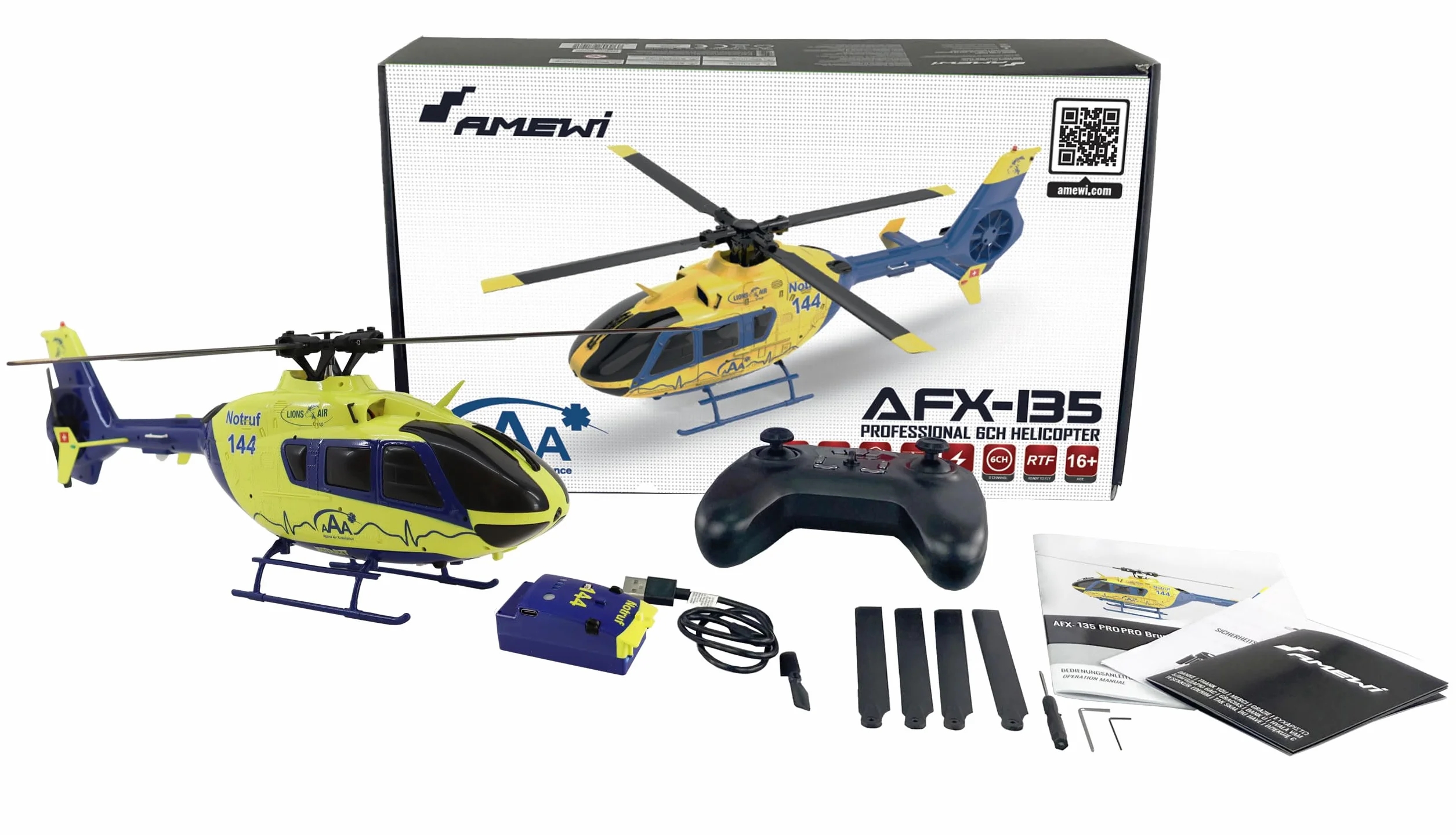 AFX-135 PRO Alpine Air Ambulance Helikopter 6-kanałowy RC zdalnie sterowany 6G RTF, neonowy żółty