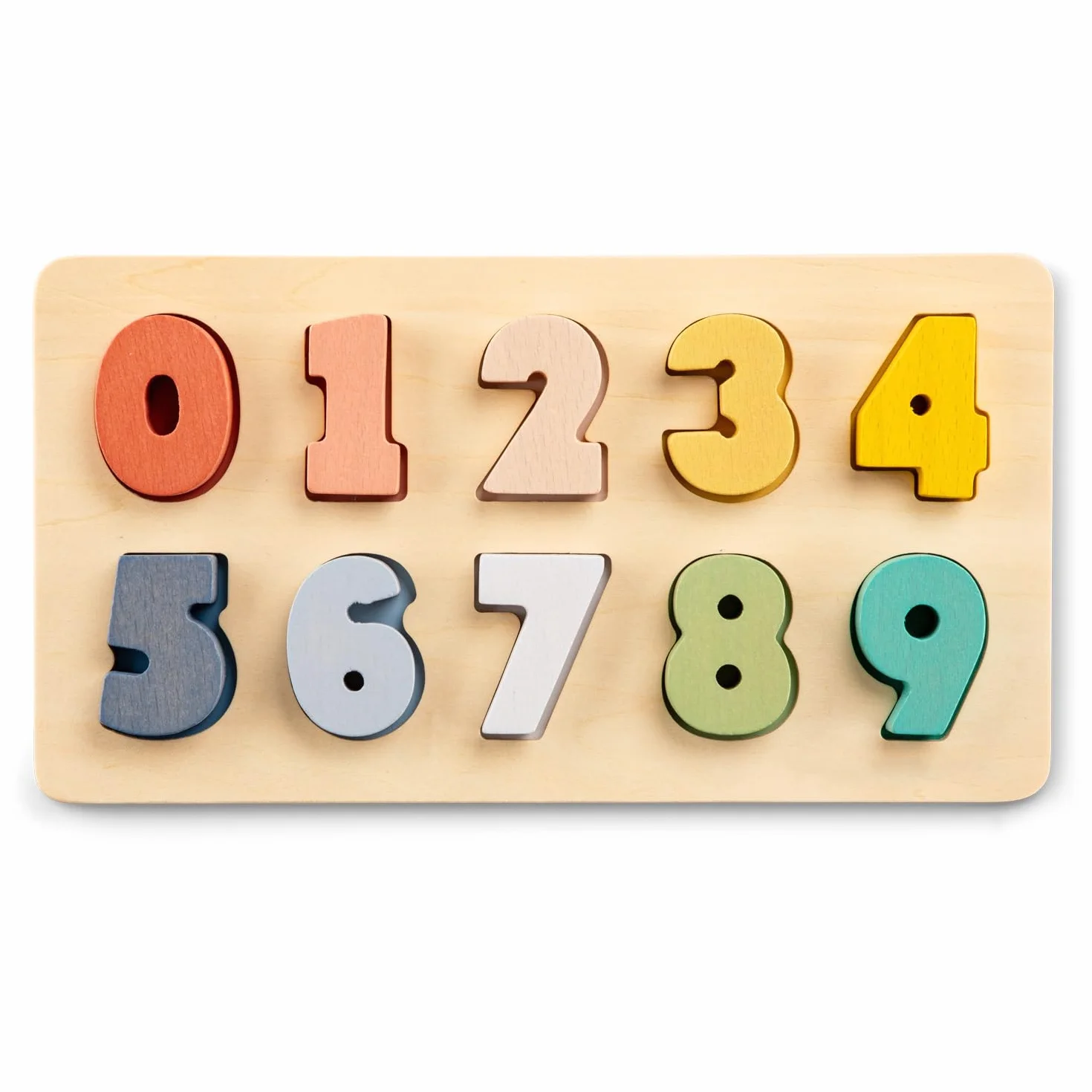 Woet Puzzle drewniane cyfry 0-9 - zabawka edukacyjna Montessori z certyfikatem FSC dla małych dzieci - grube kolorowe cyfry - od 2 lat - prezent dla dziewcząt i chłopców