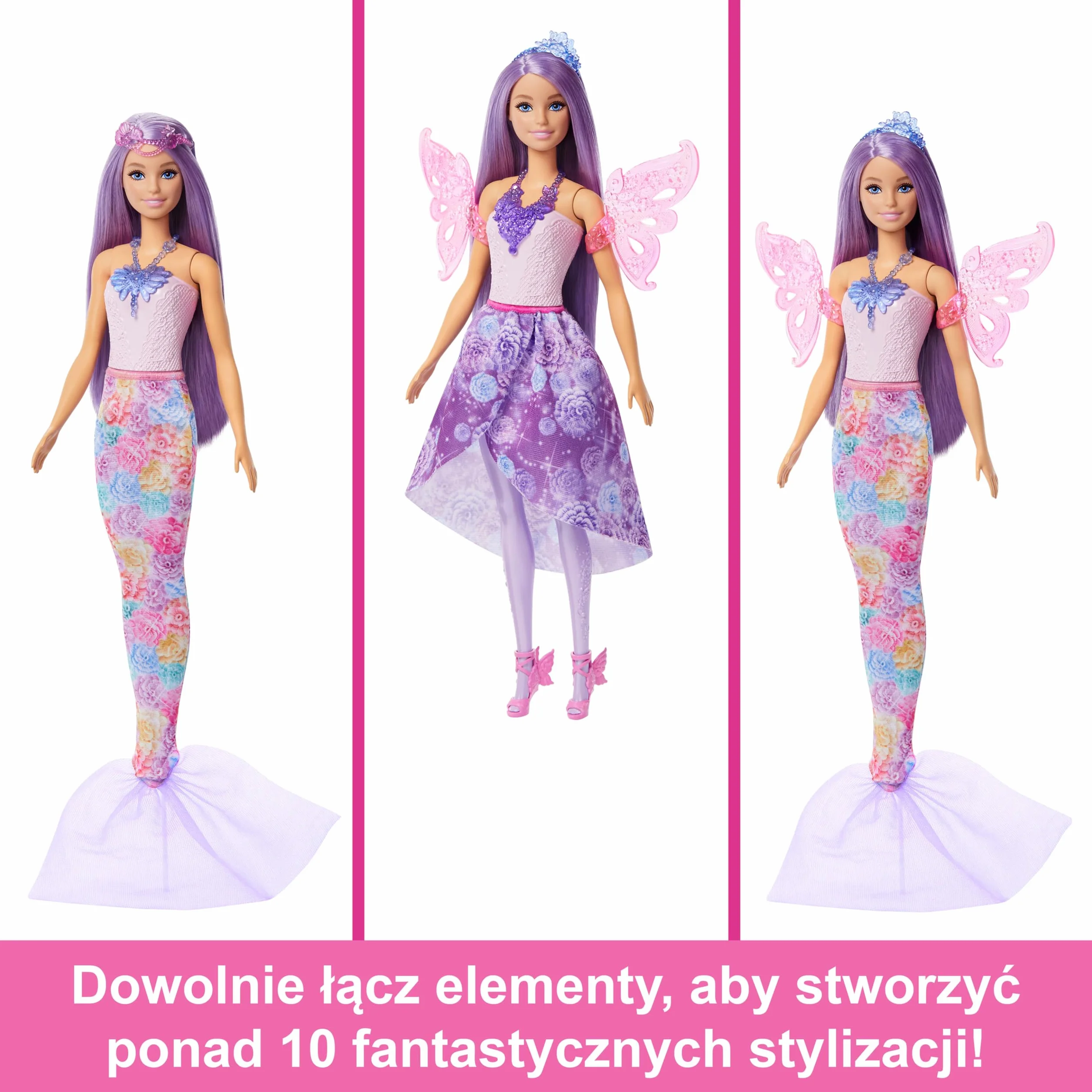 Barbie Baśniowe przebieranki Lalka, ubranka i akcesoria Zestaw z lalką i 8 akcesoriami, w tym ogonem syrenki, skrzydełkami wróżki, naszyjnikami i bucikami do stworzenia ponad 10 stylizacji, JCP74