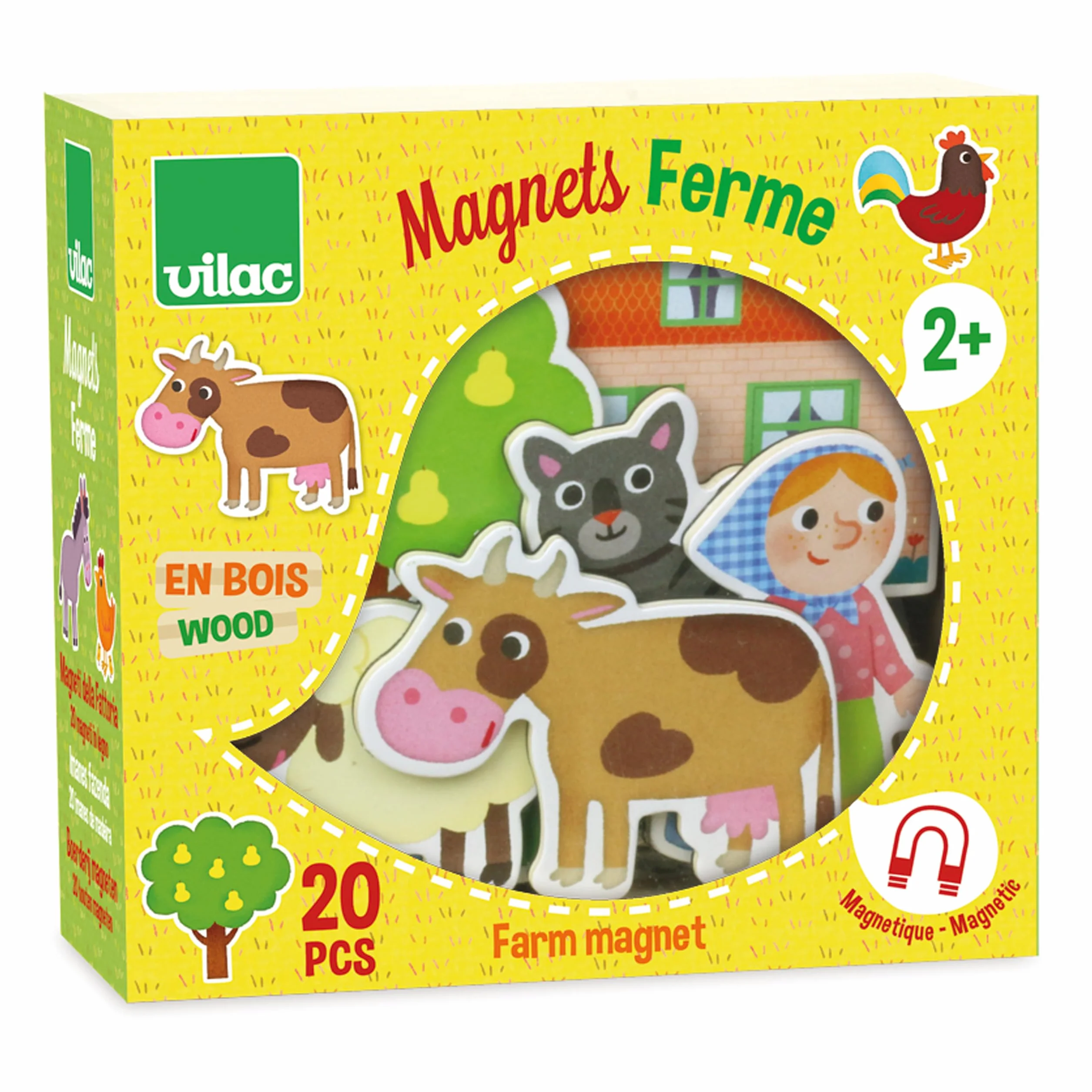 Vilac Drewniane magnesy o tematyce farmy, nauka z kolorowymi magnesami, zestaw 20-częściowy, 2 lata +