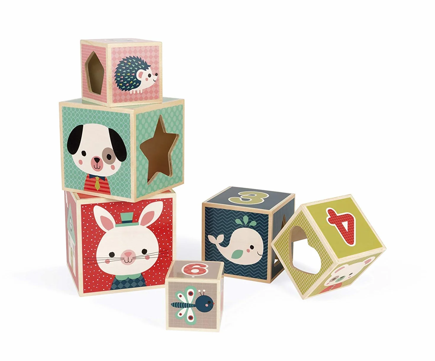 Janod - Baby Forest 6-Cube Wooden Pyramid - Early Learning Toy - Stacking and Building Toy - Fine Motor Skills and Manipulation - from 1 Year Old, J08016