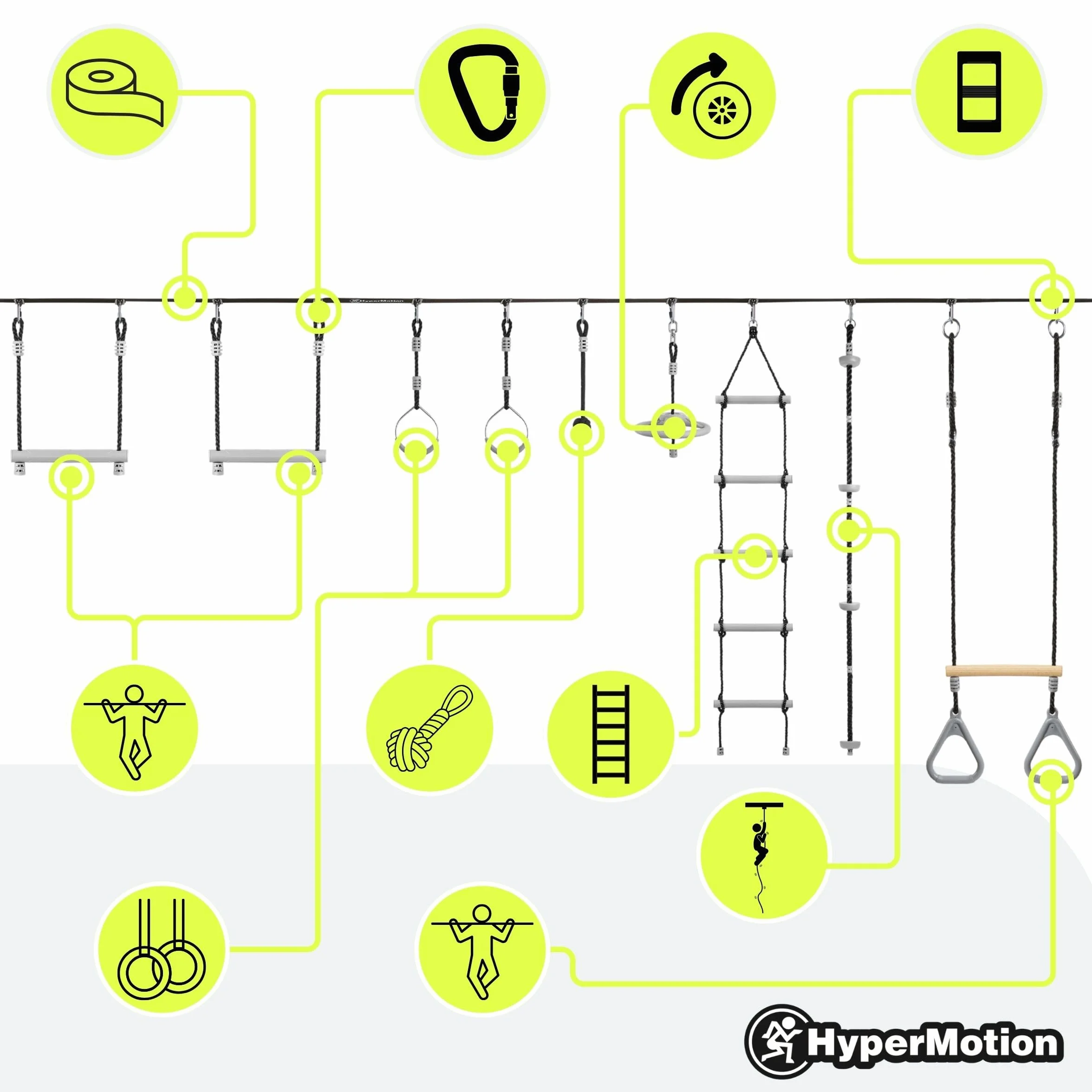 HyperMotion Tor Przeszkód Ninja dla Dzieci Zestaw Slackline – 9 Przeszkód Gimnastycznych z Drążkami Kółkami Liną i Drabinką – Udźwig do 113 kg – Dla Dzieci i Dorosłych do Ogrodu Outdoor