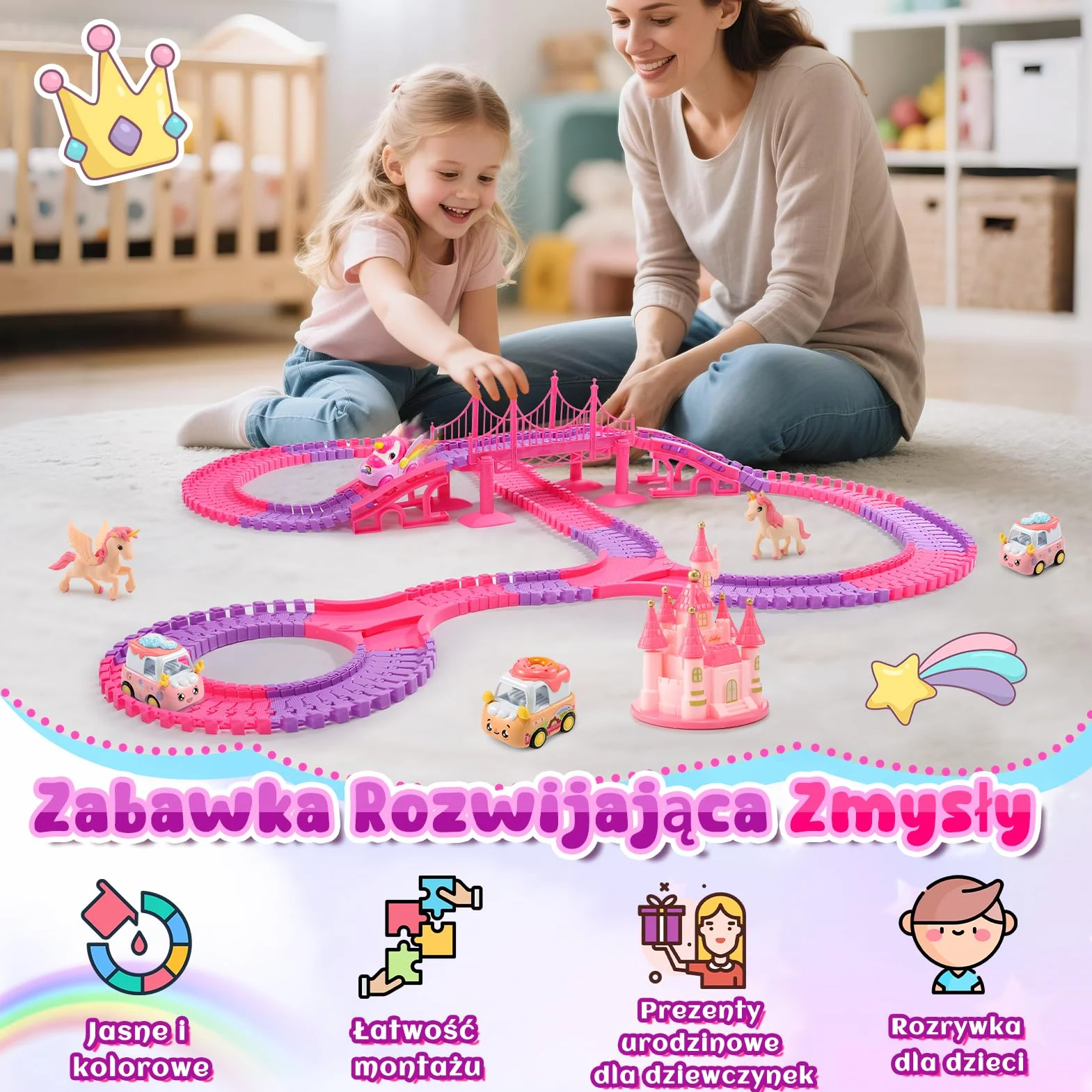 iKidiki Jednorożny Prezent Dla Dziewczyn 3 4 5 6 7 8 Lat, Trasa Wyścigowa Od 3-8 Lat Zabawki Od 3-8 Lat Konie Dziewczyna Prezents Księżniczka Trasa Wyścigowa Dzieci Prezent Urodzinowy Dziewczyn