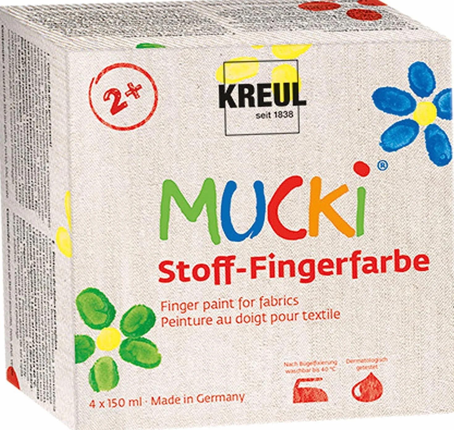 KREUL 28400 - Mucki Tekstylne Farby do Palców, 4 x 150 ml żółty, czerwony, zielony, niebieski, intensywne kolory wodne dla dzieci 2+