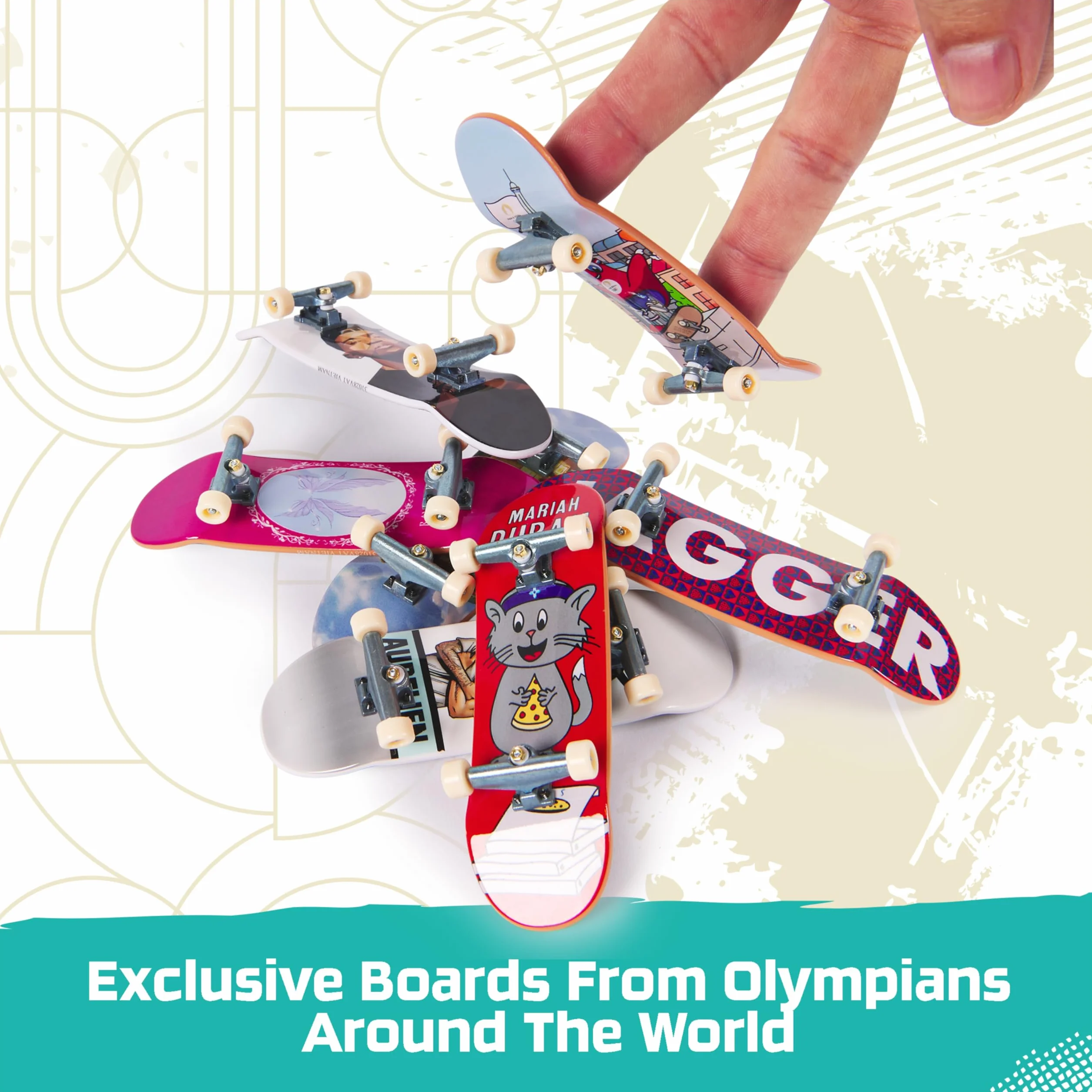 Tech Deck Competition Legends zestaw 8 sztuk, 8 autentycznych naparstków olimpijskich sportowców w Paryżu 2024, 8 indywidualnych uchwytów na deskorolkę, 8 kart dla sportowców, od 6 lat