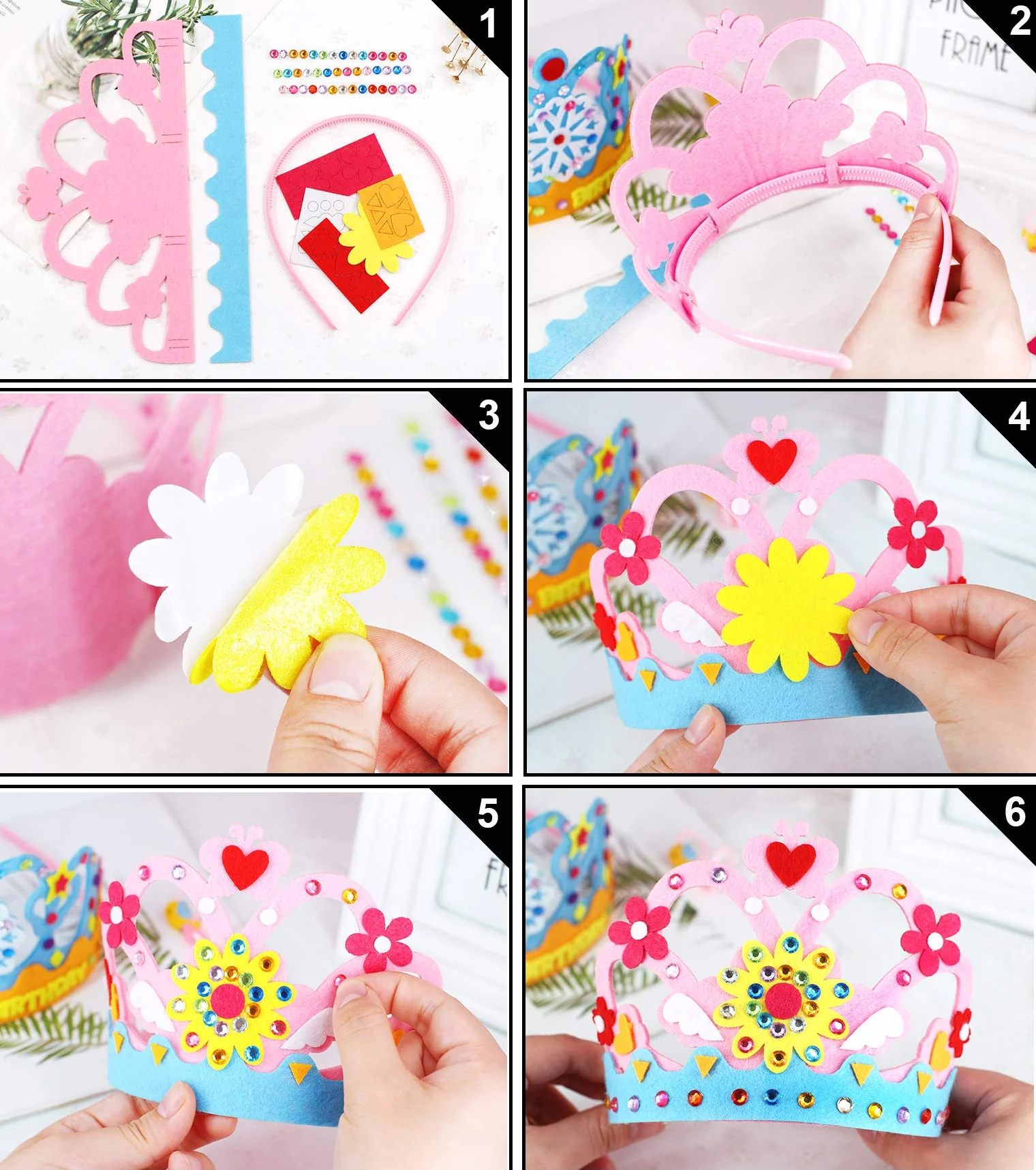 Hifot Zestawy do wyrobu tiary 4 sztuki, Filcowa korona dla dzieci DIY z naklejkami ze strasikiem, zabawki na urodziny dla dziewczynek, zabawki księżniczki, gry kostiumowe