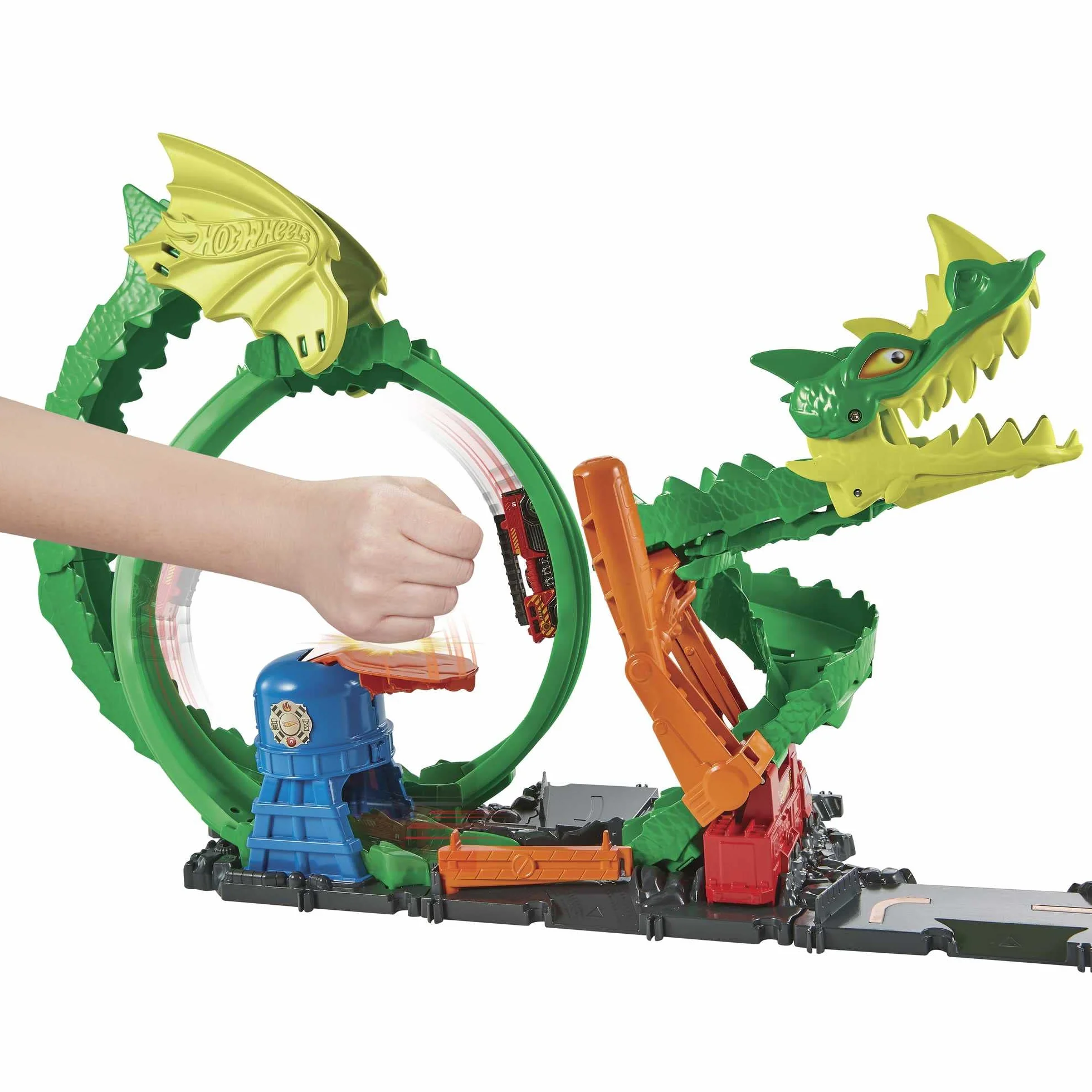 Hot Wheels Tor wyścigowy Pętla smoka Zestaw do zabawy z wyzwaniami kaskaderskimi i 1 samochodzikiem Hot Wheels, zabawka łączy się z innymi zestawami, świetny prezent dla dzieci od 5 lat, HJV70