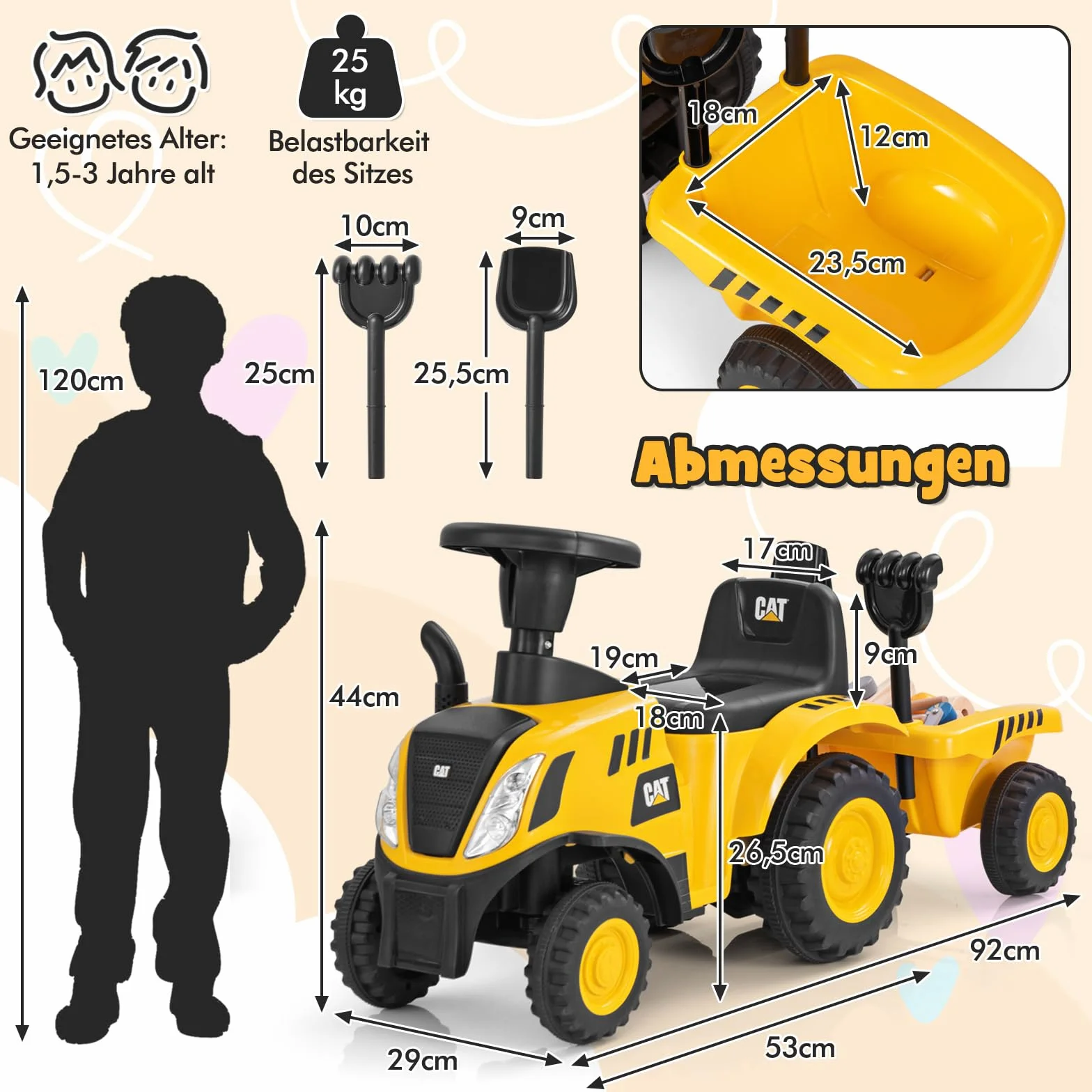 COSTWAY Samochód poślizgowy ze zdejmowaną przyczepą, traktor z szuflą i grabami, pojazd ślizgowy z klaksonem, dźwiękiem silnika i diodami LED, dla dzieci od 1 roku życia