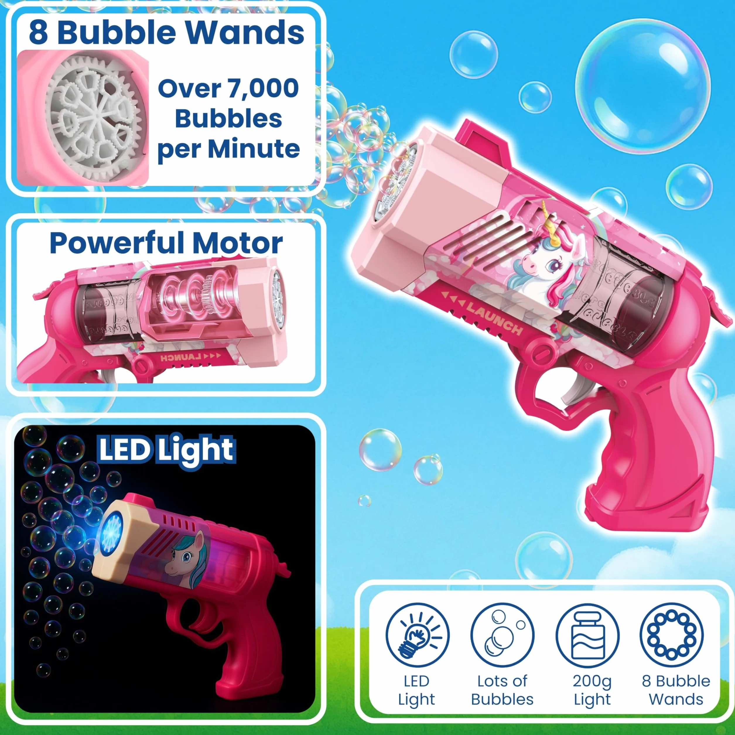 Blubbel Pistolet do Baniek, Maszyna z LED, Zbiornik 80ml, Armata Bańkowa, Powietrzna Bazooka, Prezent dla Dzieci, Na Wesele