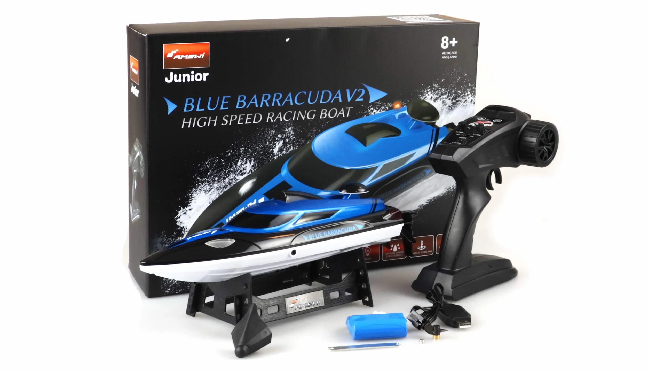 Amewi 26093 Blue Barracuda V2 Mini Boot 2,4 GHz RTR, bezpiecznik, zabezpieczenie przed wywróceniem, podwójna pokrywa, czarno-niebieski