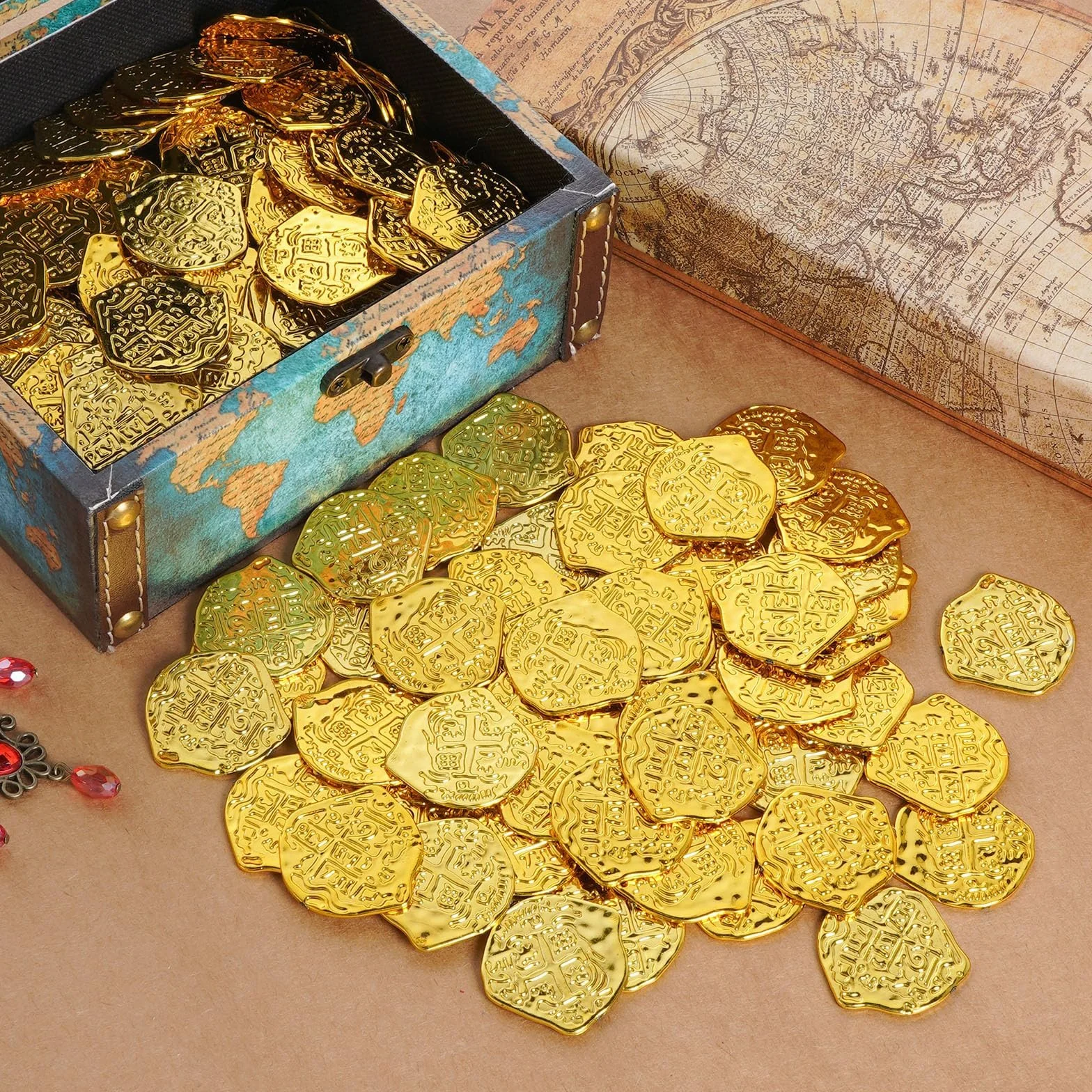 100 sztuk złotych monet dla dzieci, złote monety pirackie, pirackie monety, skarby pirackie, do gier stołowych dla dzieci, prezent na imprezę piracką, poszukiwanie skarbów, urodziny dziecka
