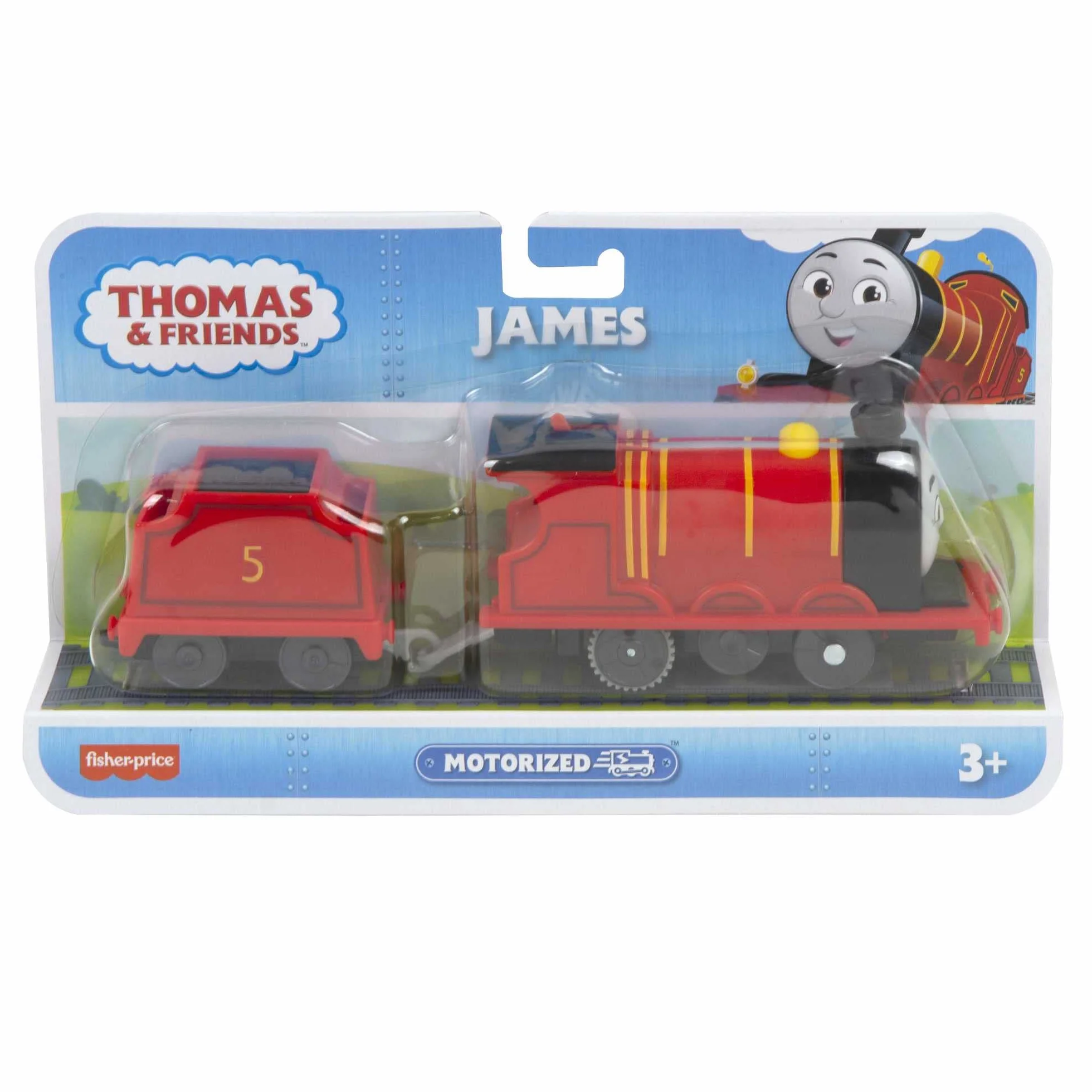 Thomas & Friends Motorized Toy Train James silnik zasilany bateriami z przetargiem do zabawy w wieku przedszkolnym dla dzieci w wieku od 3 lat, HDY70