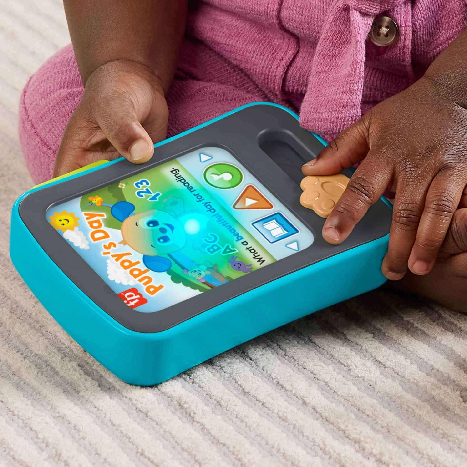 Fisher-Price Zabawka edukacyjna dla niemowląt, śmiech i ucz się, czytnik historii szczeniaka, tablet z muzyką i światłami, dla dzieci w wieku od 6 miesięcy, wersja wielojęzyczna: angielski, francuski
