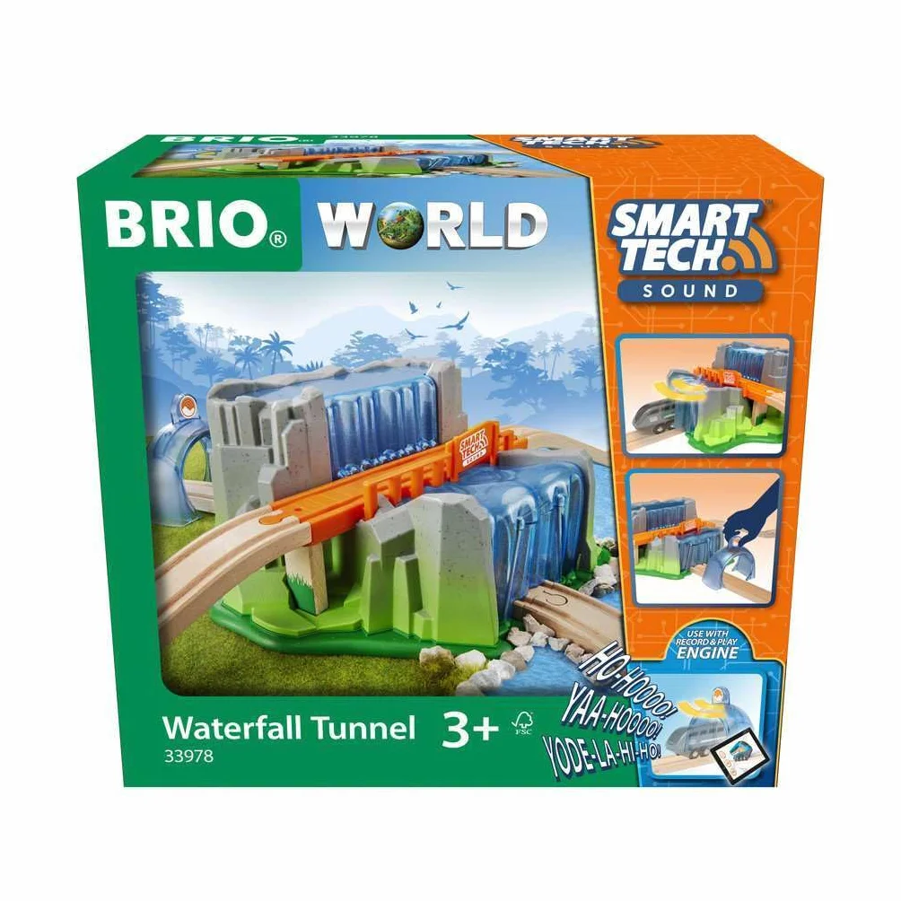 BRIO World 33978 Smart Tech Sound Waterfall Tunnel - Interaktywny dodatek do drewnianego pociągu - Zalecane od 3 lat