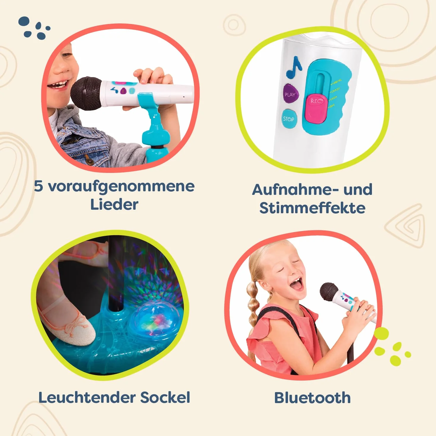 B. toys Mikrofon zabawkowy Mic it Shine z podstawką podświetlaną – wysuwany mikrofon z funkcją Bluetooth i podstawą oświetleniową dla dzieci od 3 lat (biały)