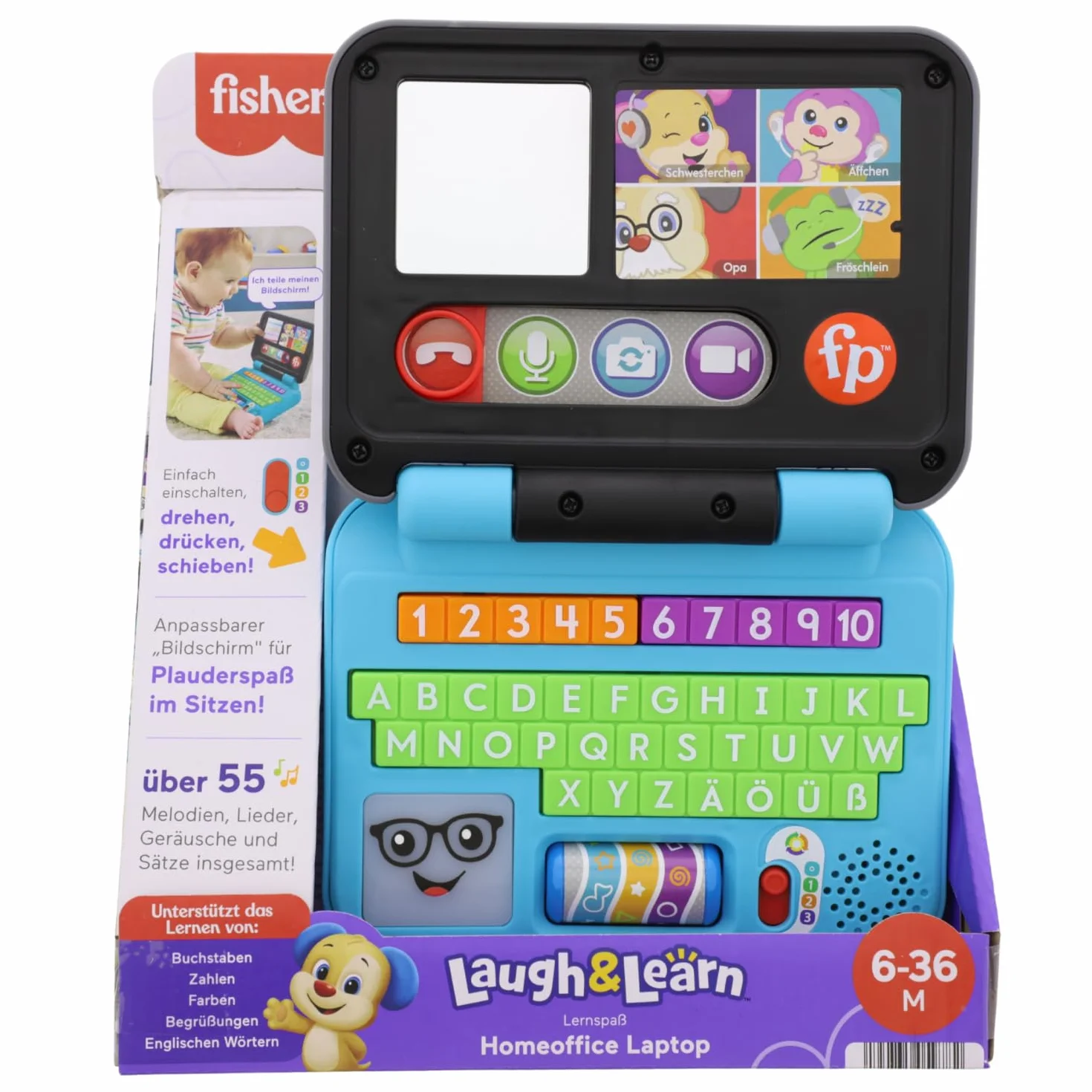 FISHER-PRICE Radość edukacyjna Homeoffice Laptop – elektroniczna zabawka edukacyjna z treścią do nauki inteligentnych stages, światełkami i 55+ piosenkami, ABC, cyfry i pierwsze niemieckie słowa,