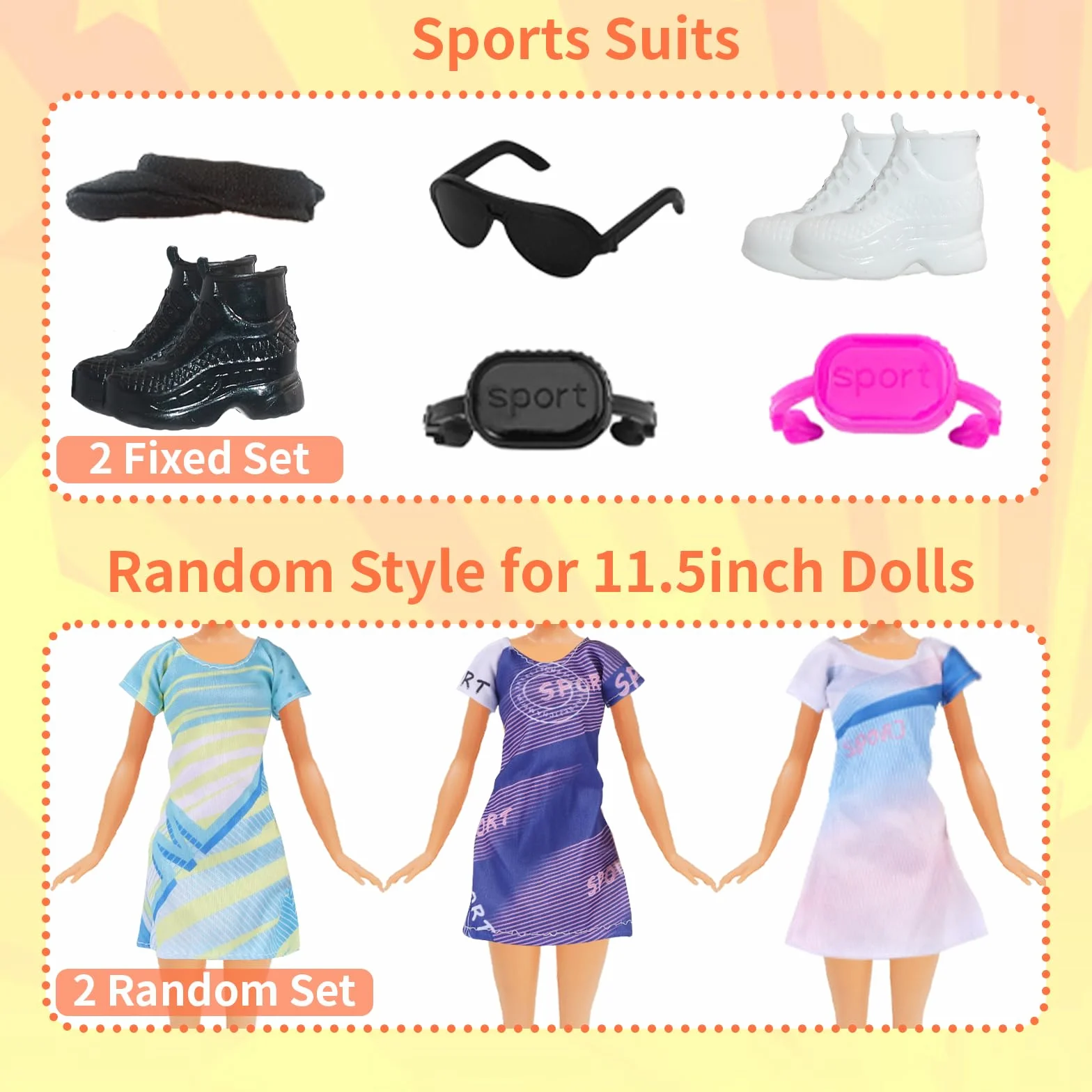 Ubrania i akcesoria dla lalek, 11,5 cala/30 cm, sportowy styl losowy 1 bluza z kapturem 3 odzież sportowa 1 kamizelka 3 spodnie 1 czapka baseballowa 2 trampki 4 sukienki 1 okulary przeciwsłoneczne 2