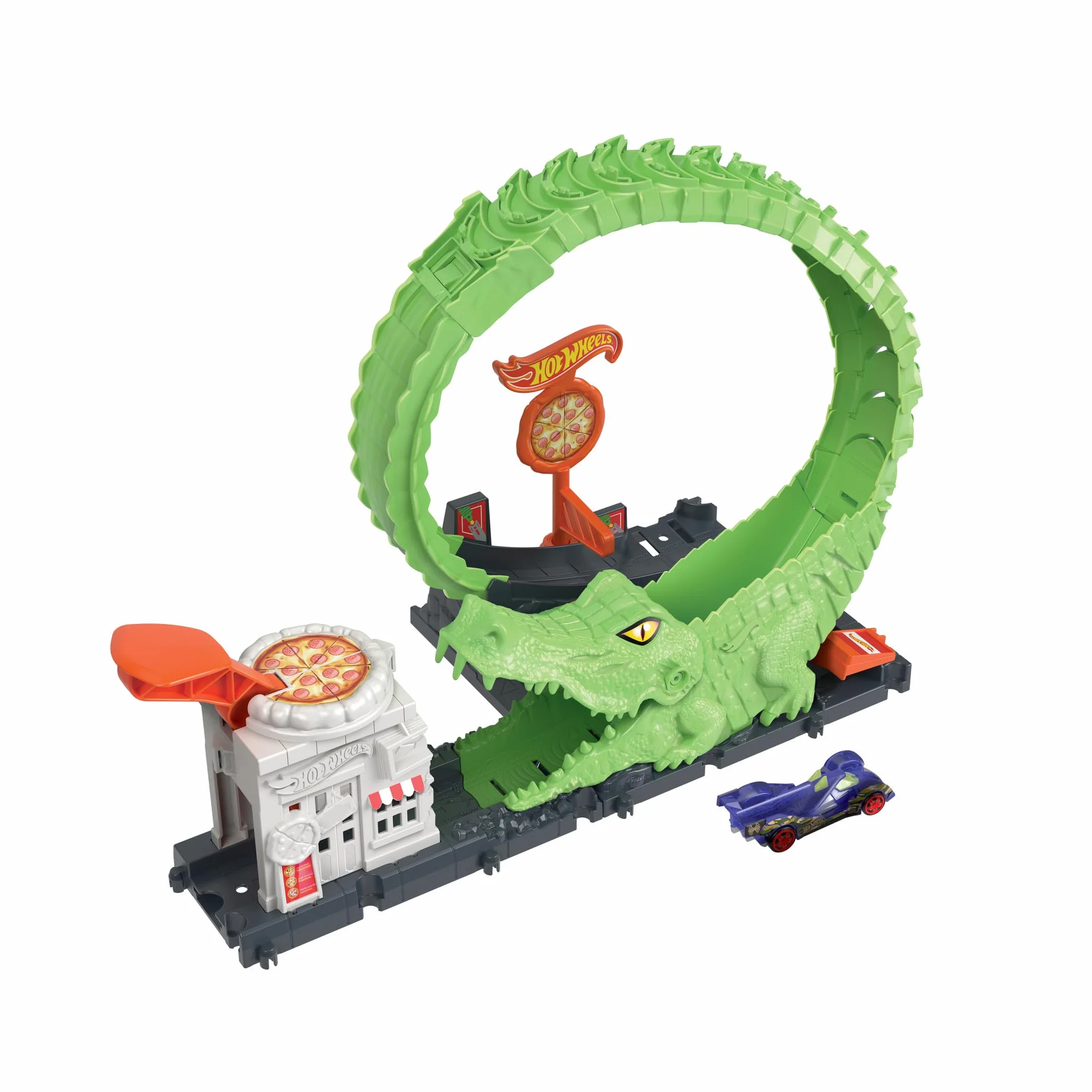 Hot Wheels City Pętla krokodyla Zestaw tematyczny z motywem pizzy, torem łączącym się z innymi zestawami i 1 pojazdem Hot Wheels HKX39