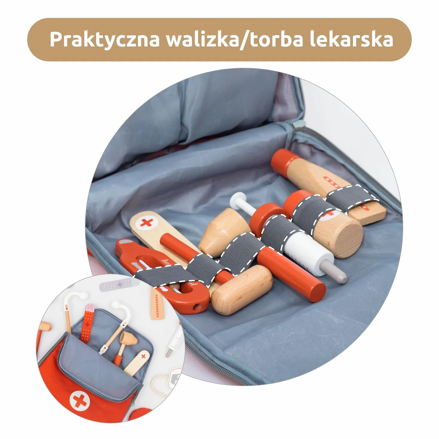 UMU® Mini walizka lekarska dla dzieci, zestaw do zabawy z drewna ze stetoskopem i ciśnieniomierzem, 14-częściowy zestaw medyczny