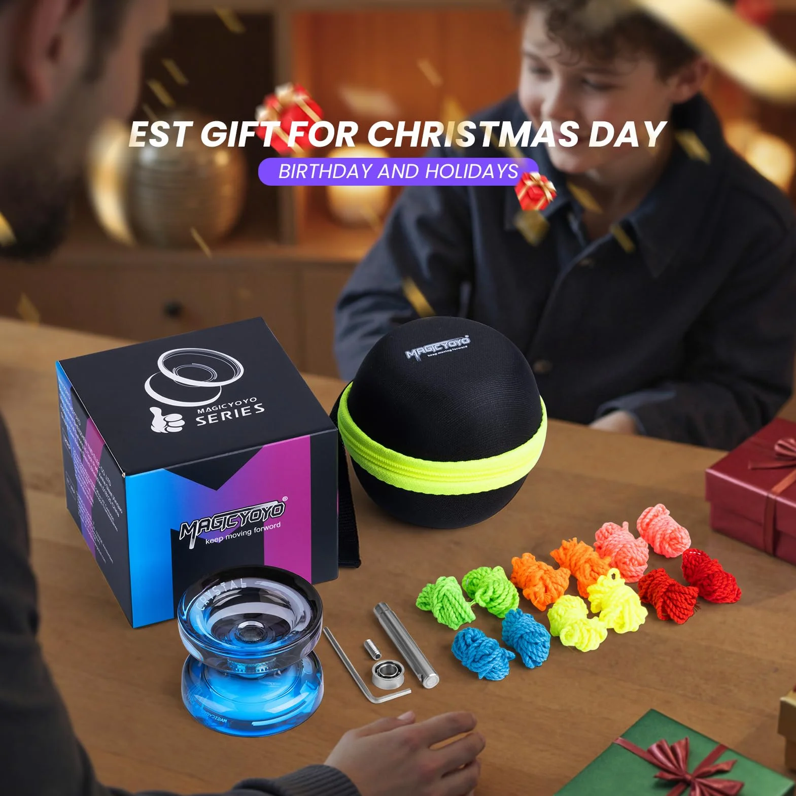 MAGICYOYO Responsywny Yoyo dla dzieci K2 Crystal Black Blue, 2 w 1 - responsywny i nie reaguje Yo Yo, Finger Spin Trick Yoyo z niereagującym łożyskiem, 12 strun, torba jo-jo, narzędzie i akcesoria