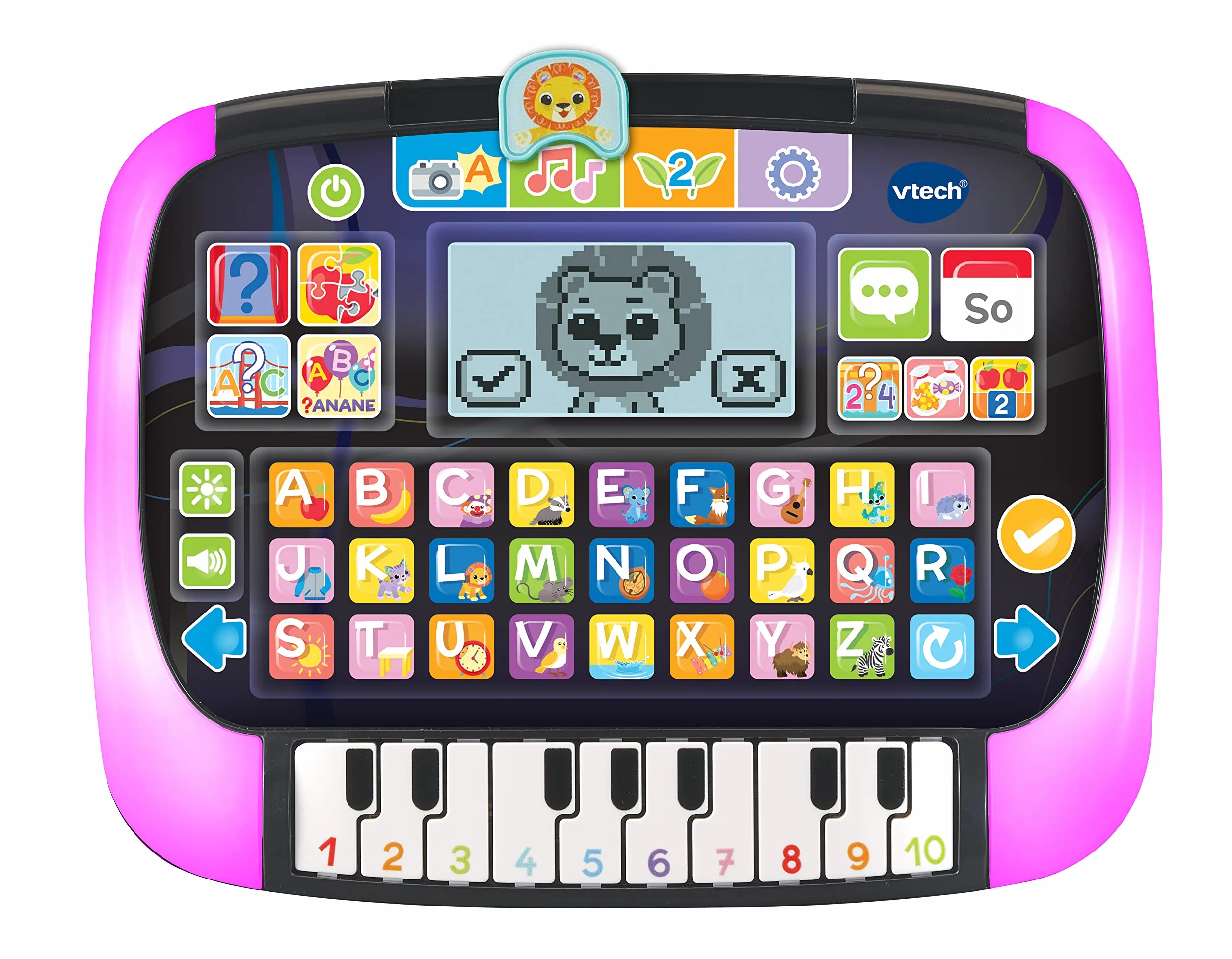 VTech Tablet do nauki i muzyki dla niemowląt – mówiący, muzyczny tablet z 12 zajęciami edukacyjnymi i świecącą ramką – do nauki słów, liter, cyfr – dla dzieci w wieku 2-5 lat, kolorowy