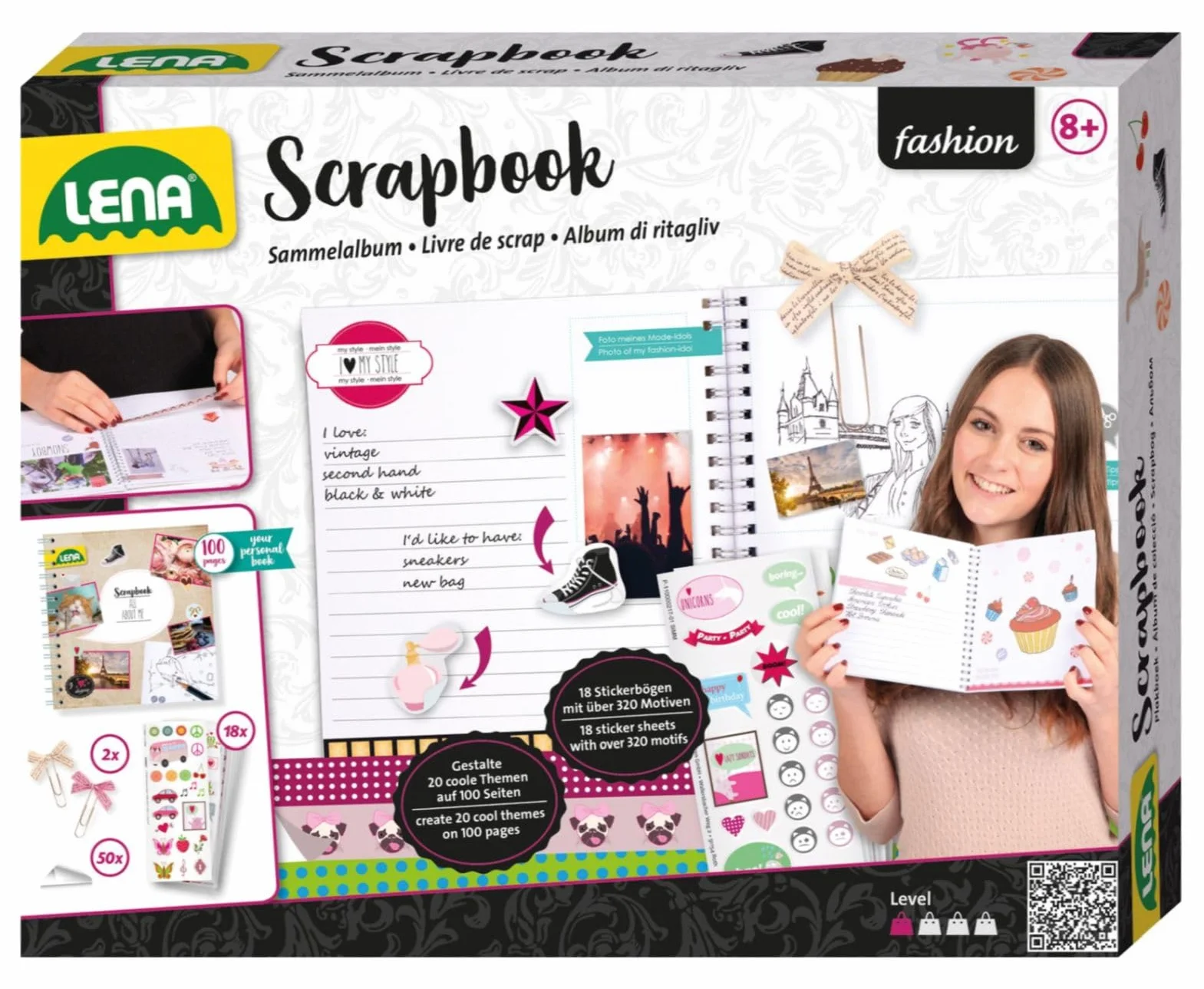 Lena 42332 - Zestaw Scrapbookingu z Albumem, 20 Tematów, 18 Arkuszy Naklejek, 300 Motywów, Narożniki Zdjęć, 2 Klipsy Wstążki, Kreatywny Zestaw dla Dzieci od 8 Lat