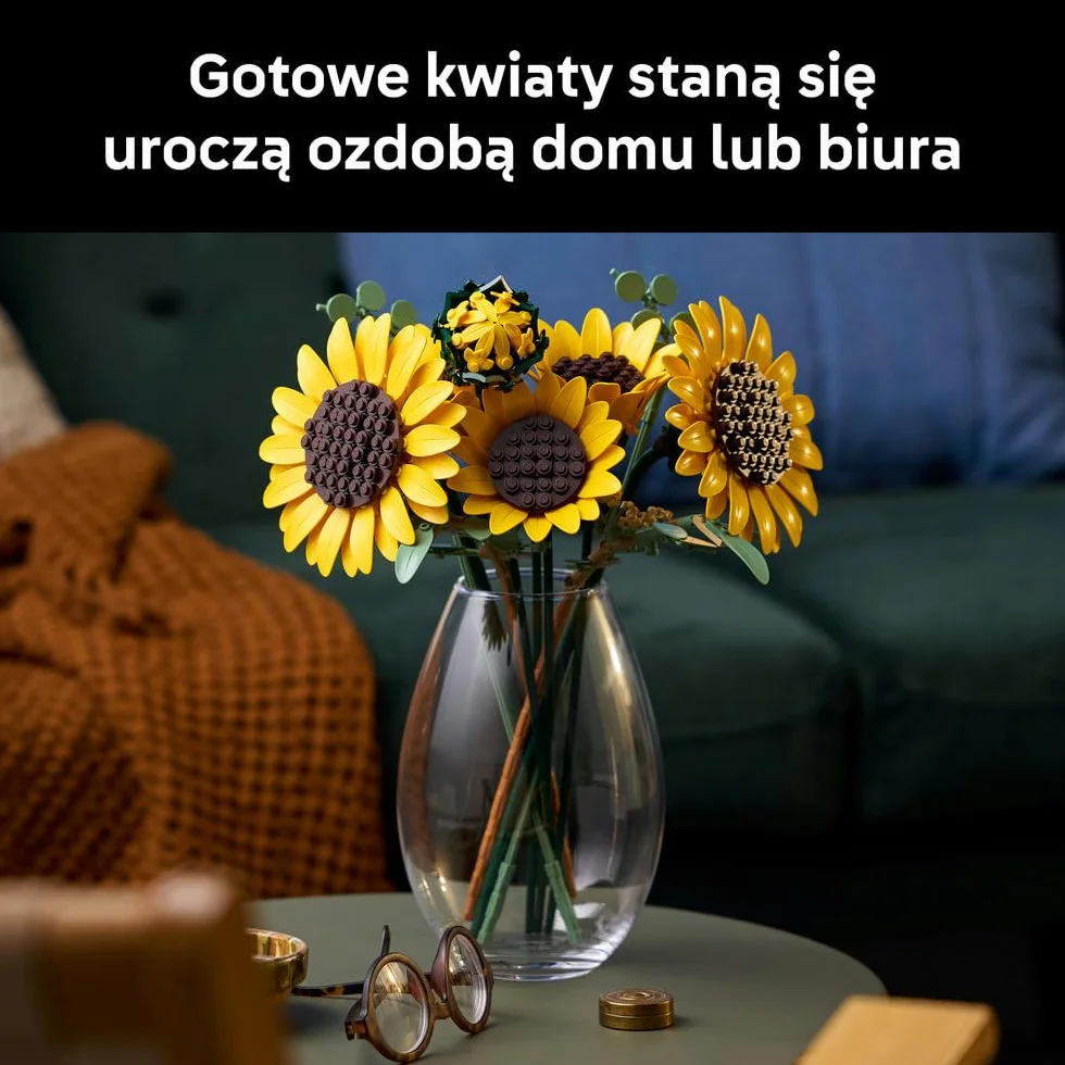 LEGO Botanicals Bukiet słoneczników, zestaw konstrukcyjny dla dorosłych, kwiatowa dekoracja z sześcioma kwiatami i liśćmi eukaliptusa, pomysł na prezent urodzinowy dla kobiet i mężczyzn 11502
