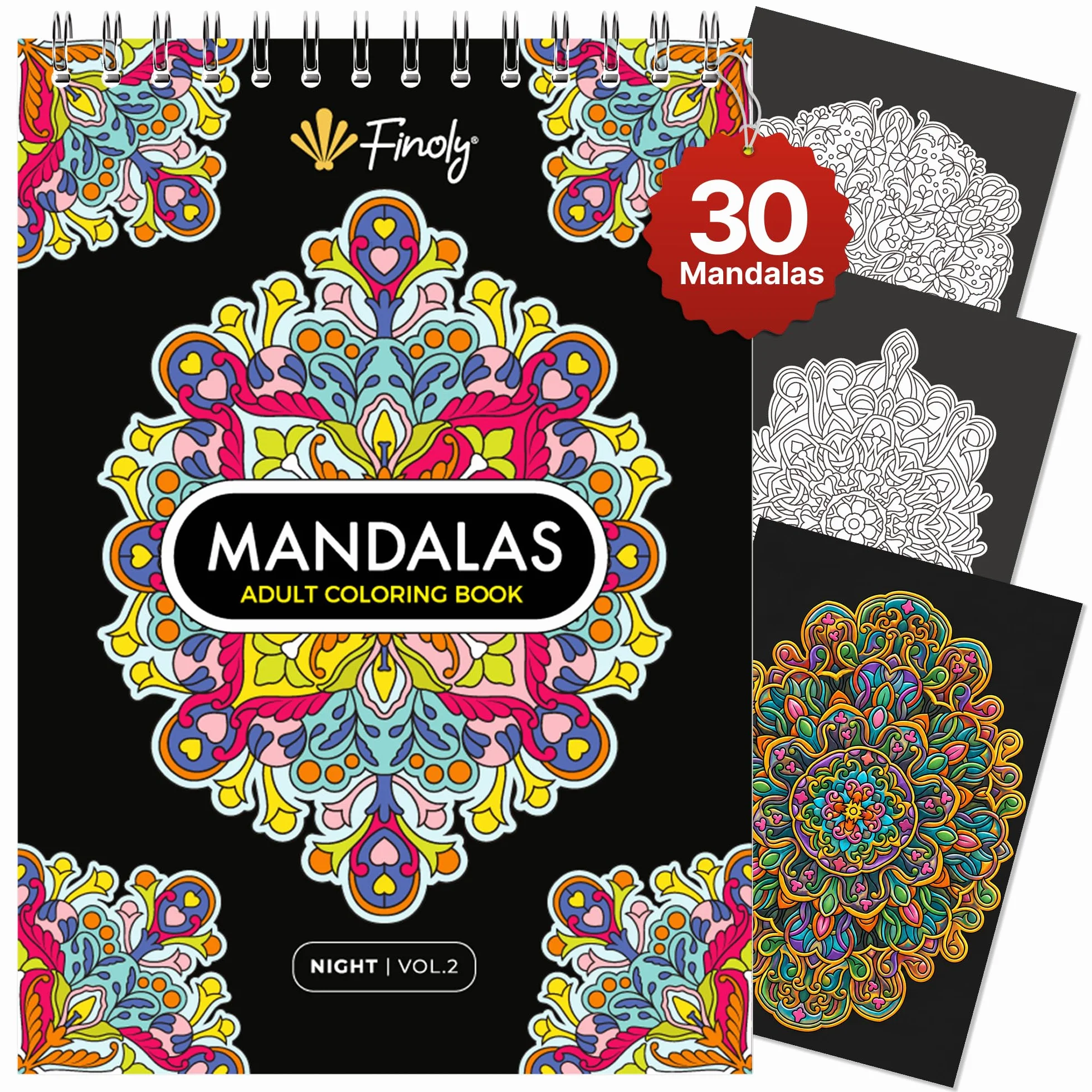 Finoly Mandala kolorowanka dla dorosłych, mandala kolorowanka dla dorosłych, 30 oryginalnych ilustracji, format A4, papier premium, oprawa spiralna, VOL 2 (noc)