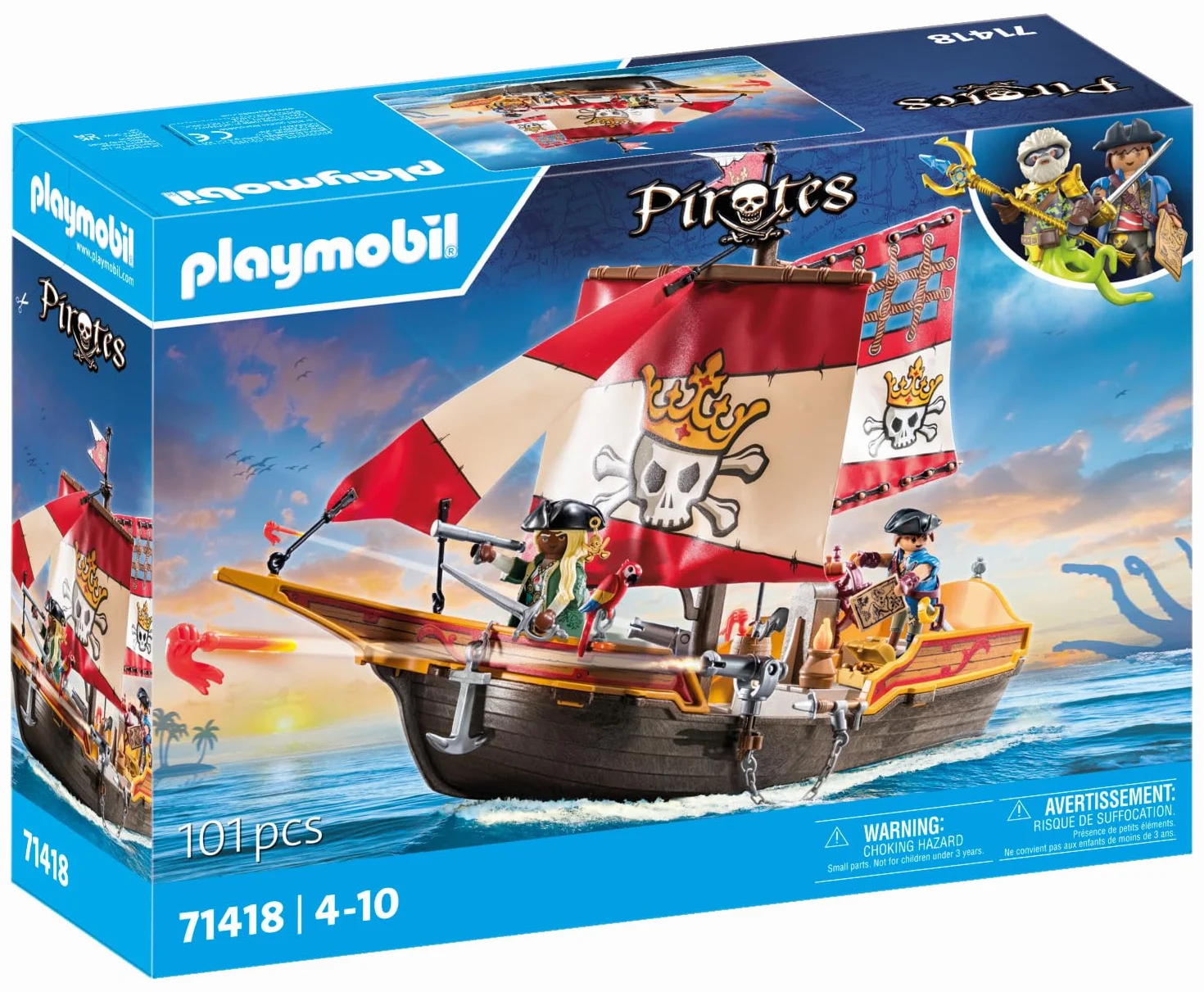 PLAYMOBIL Pirates 71418 Statek piracki, ciekawe, pirackie przygody na pełnym morzu, z bogatym wyposażeniem: teleskop, kompas i armaty, od 4 roku życia