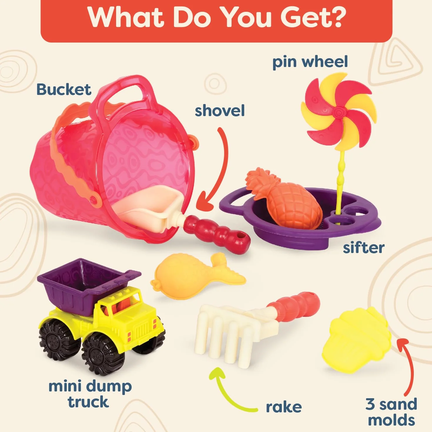 B. toys – Sands Ahoy – zestaw do zabawy plażowej – średni zestaw wiader (mango) z 9 unikalnymi zabawkami piaskowo-wodnymi – ftalanów i BPA – 18 m+