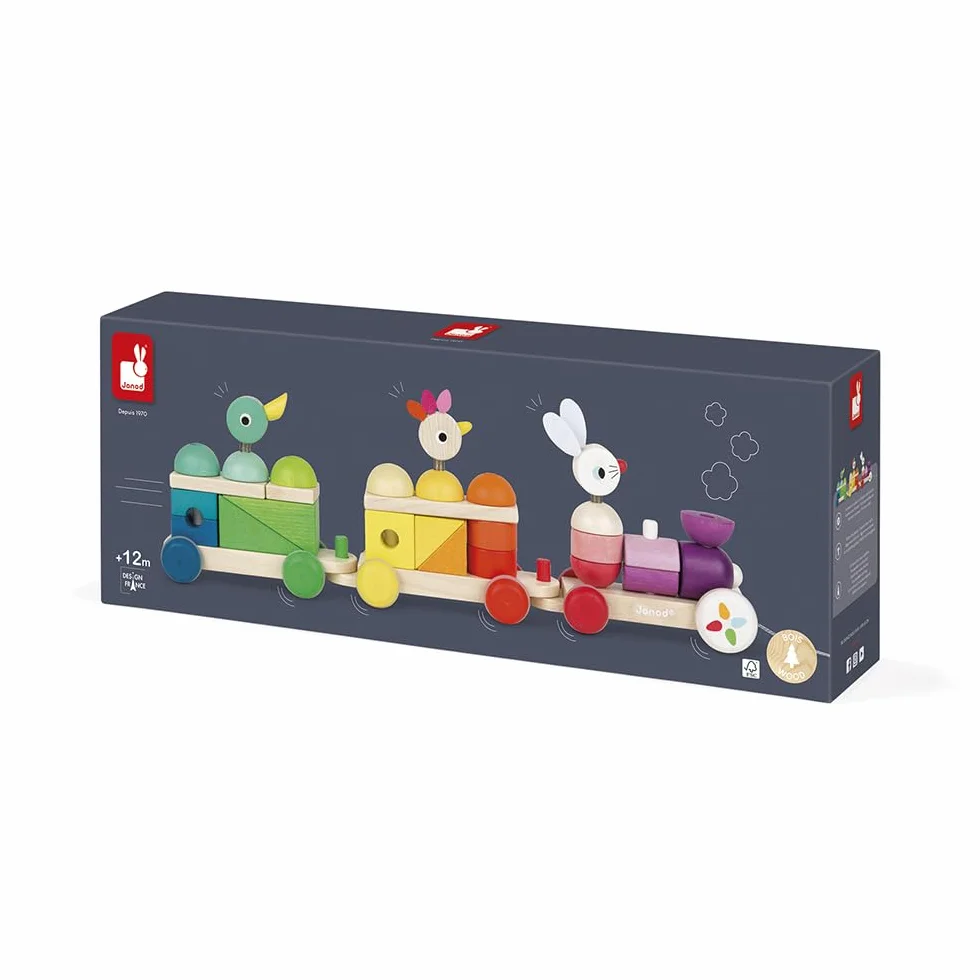 Janod - Zigolos Giant Multicoloured Wooden Train - 2-In-1 Early Learning Pull-Along Toy - Motor Skills Training - Water-Based Paint - Fsc Certified - from 1 Year Old, J08202