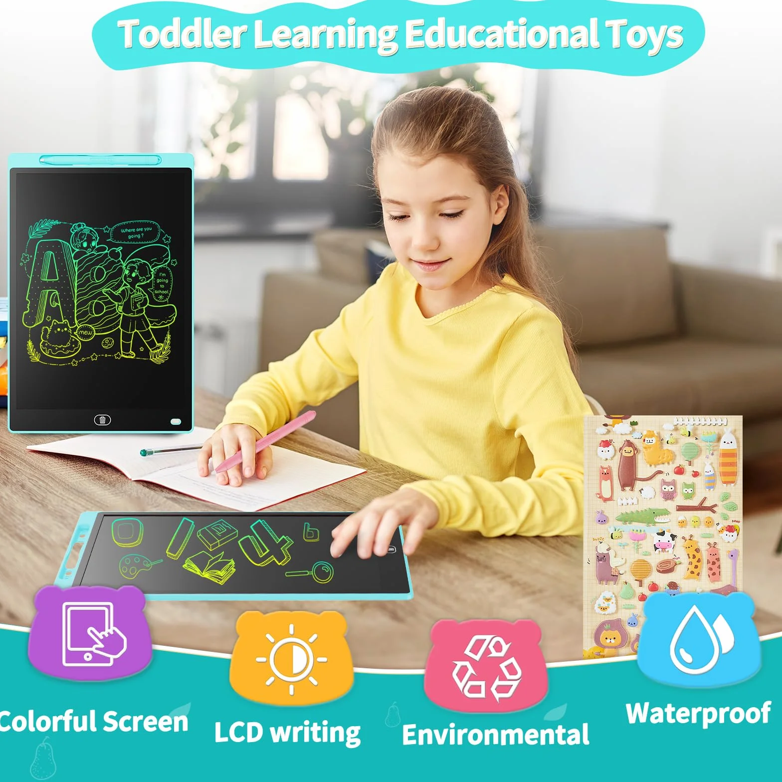 Genialba Tablet LCD do Pisania 8,5 Cali Kolorowy Tablet Elektroniczny Ekran do Rysowania Zabawka Edukacyjna Prezent dla 2 3 4 5 lat Chłopcy Dziewczęta Boże Narodzenie Urodziny (Niebieski)