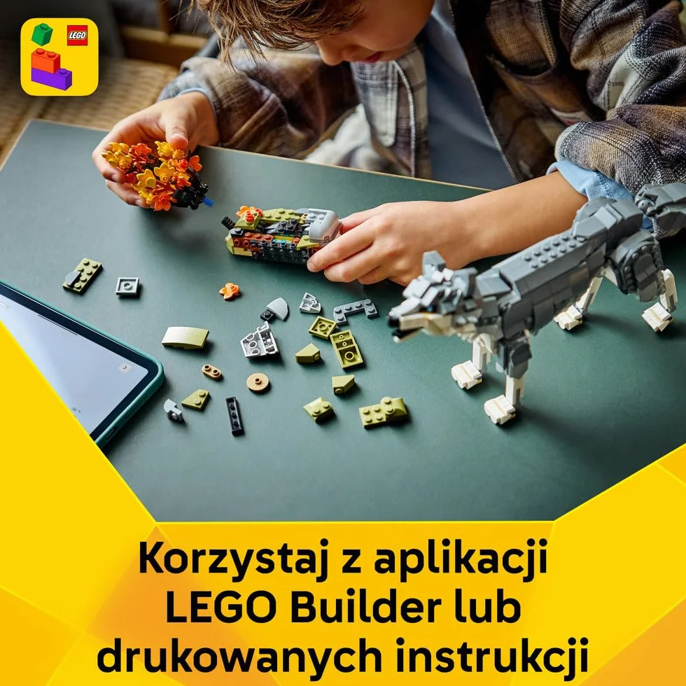 LEGO Creator 3 w 1 Leśne zwierzęta: Wilk szary, zabawka konstrukcyjna dla dzieci, 3 opcje figurek zwierząt: wilk, sokół lub szop, pomysł na prezent dla chłopca i dziewczynki od 8 lat 31393