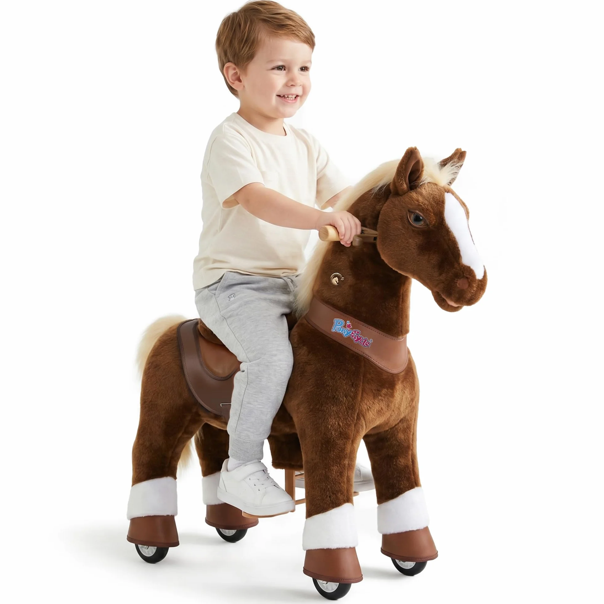 PonyCycle Kucyk do Jazdy z Dźwiękami Konia dla Dzieci w Wieku 3–4 Lat, Pluszowy Mechaniczny Koń z Hamulcem, Zaawansowany Model Y Brązowy Koń na Kółkach, Świąteczny Prezent dla Dzieci – Y374